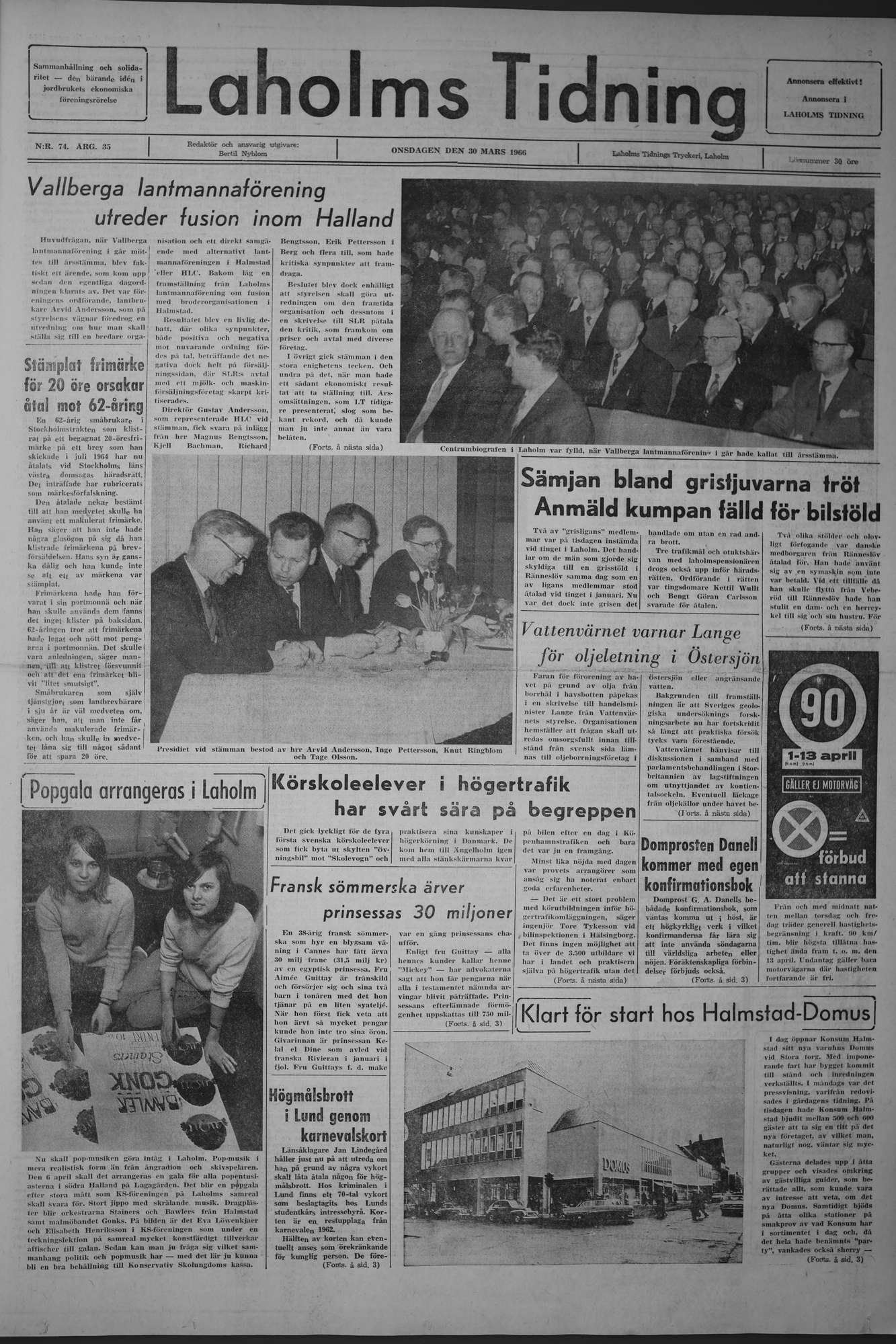 Laholms Tidning Onsdag 30 mars 1966, sida 1