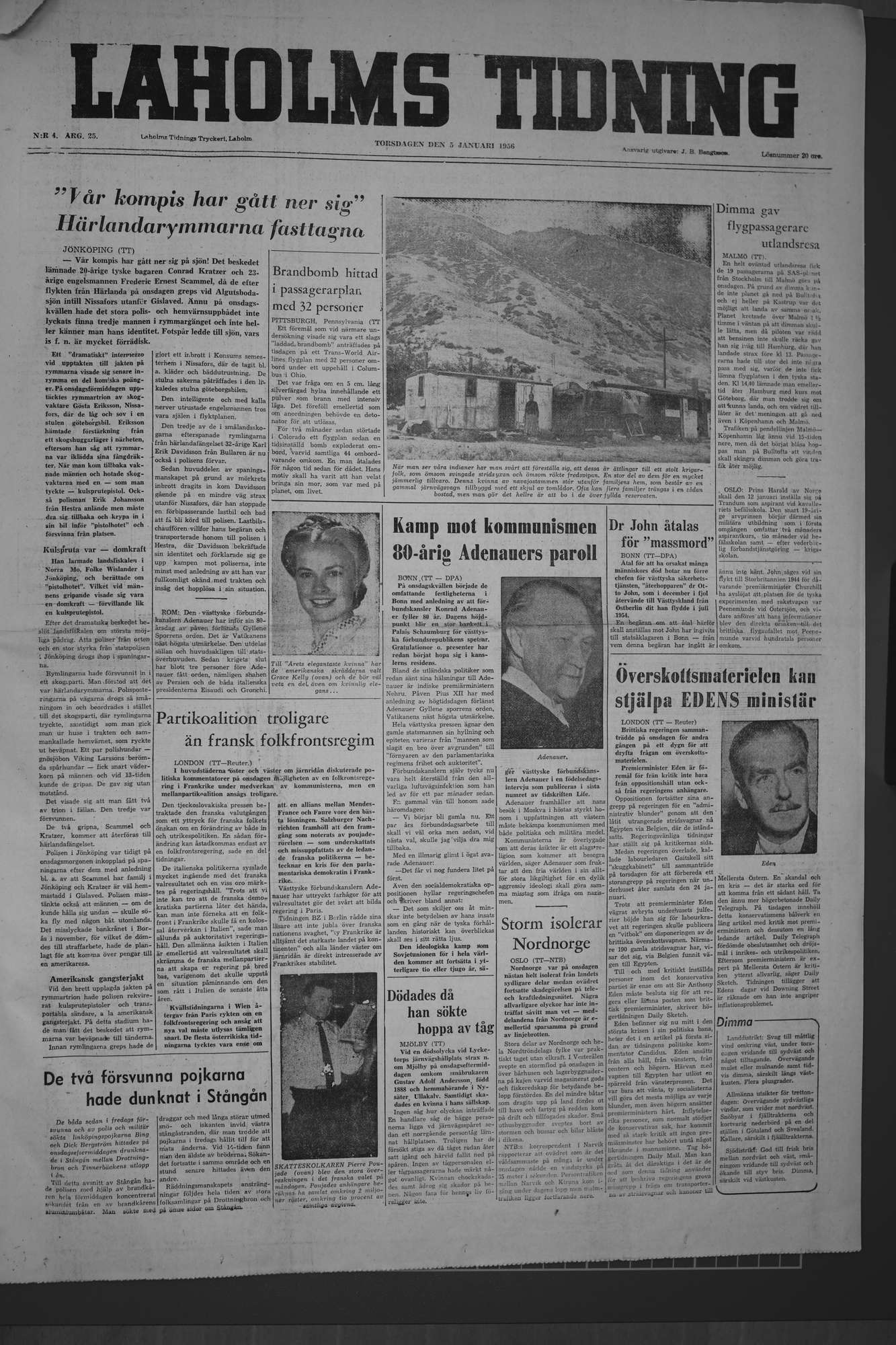 Laholms Tidning Torsdag 5 januari 1956, sida 1