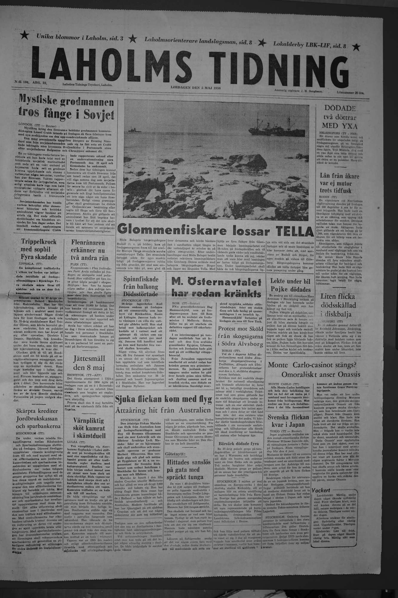 Laholms Tidning Lördag 5 maj 1956, sida 1