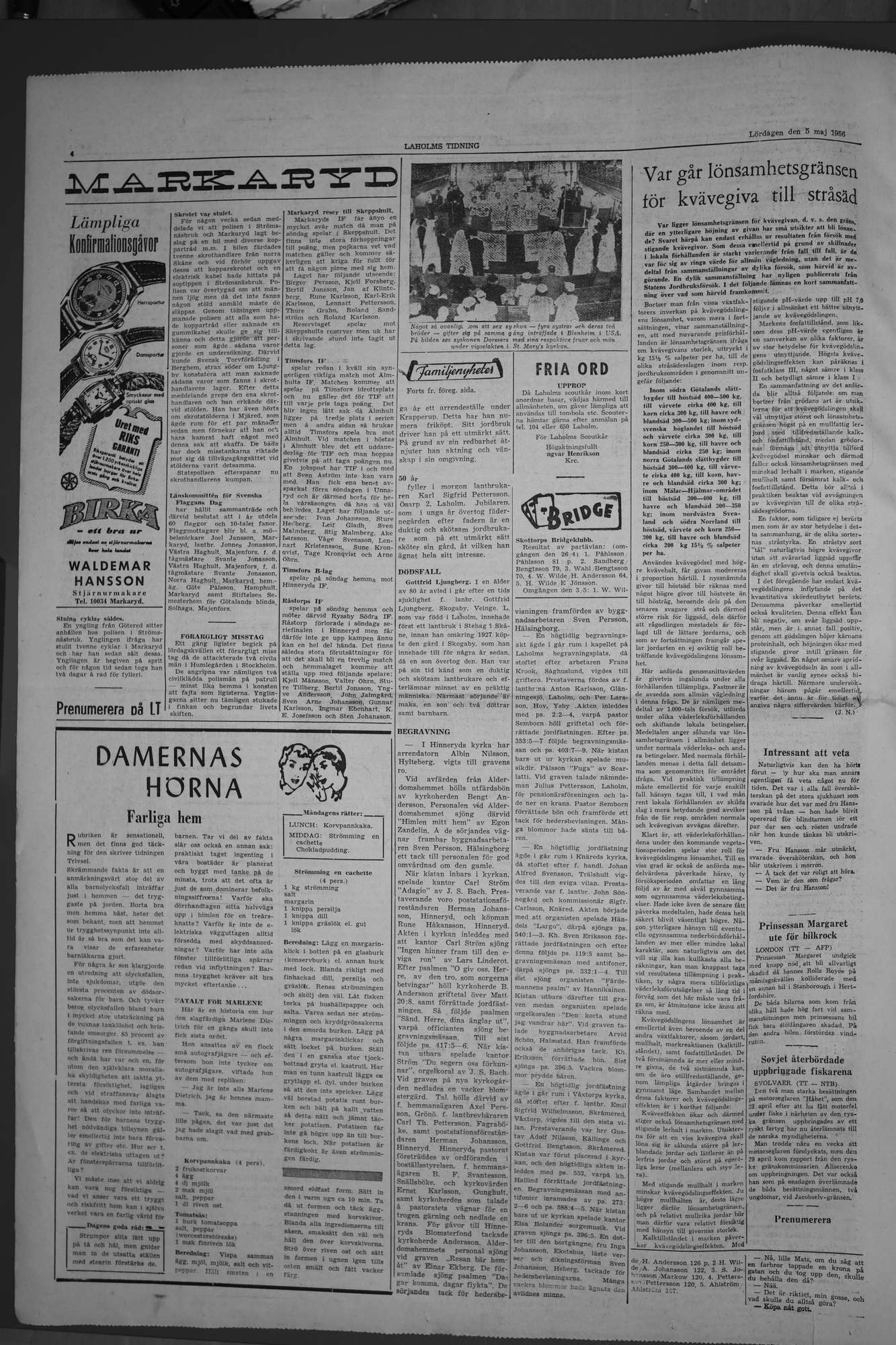 Laholms Tidning Lördag 5 maj 1956, sida 4