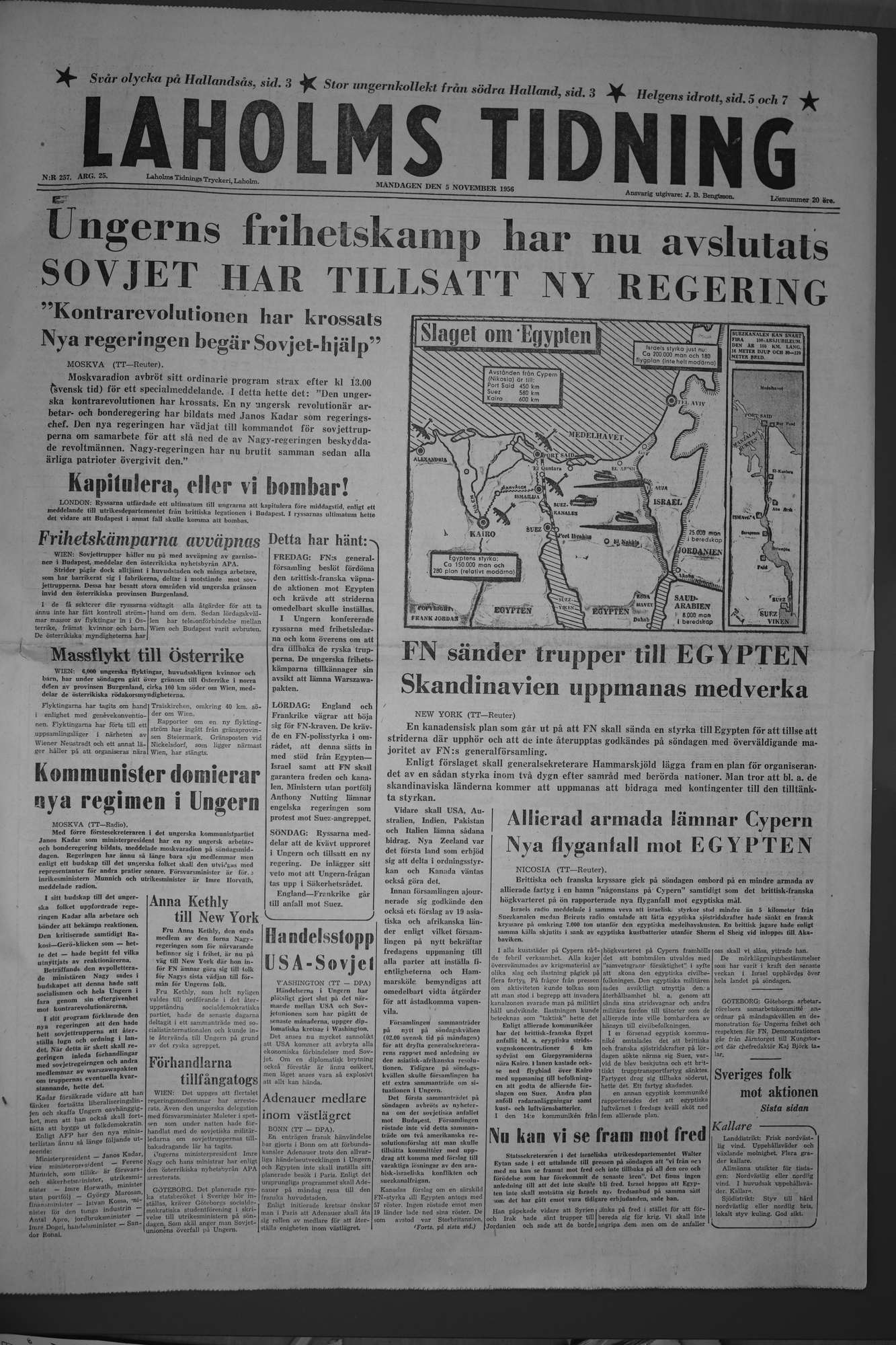 Laholms Tidning Måndag 5 november 1956, sida 1