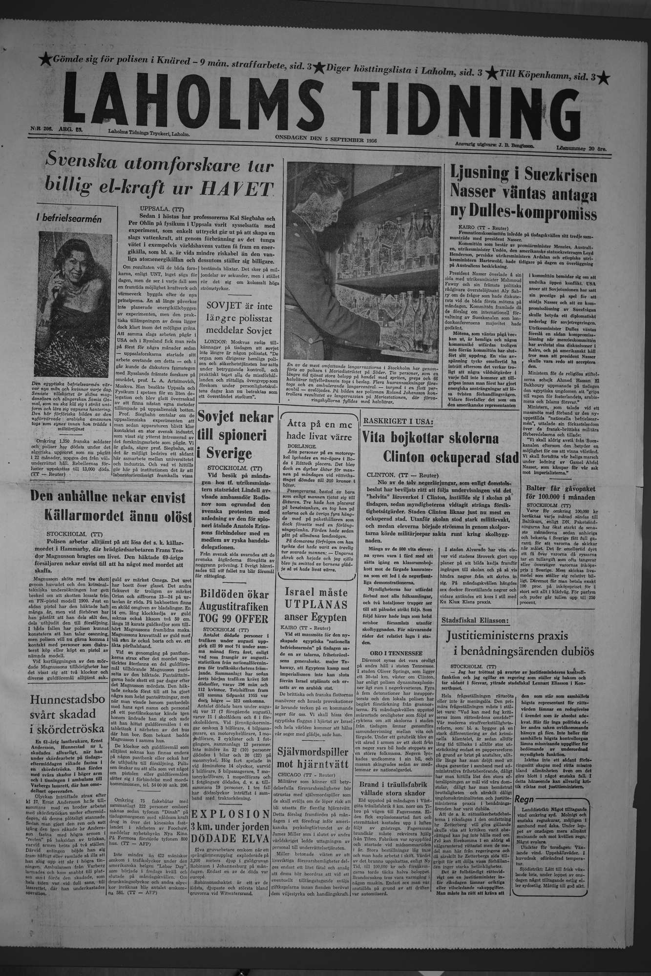 Laholms Tidning Onsdag 5 september 1956, sida 1