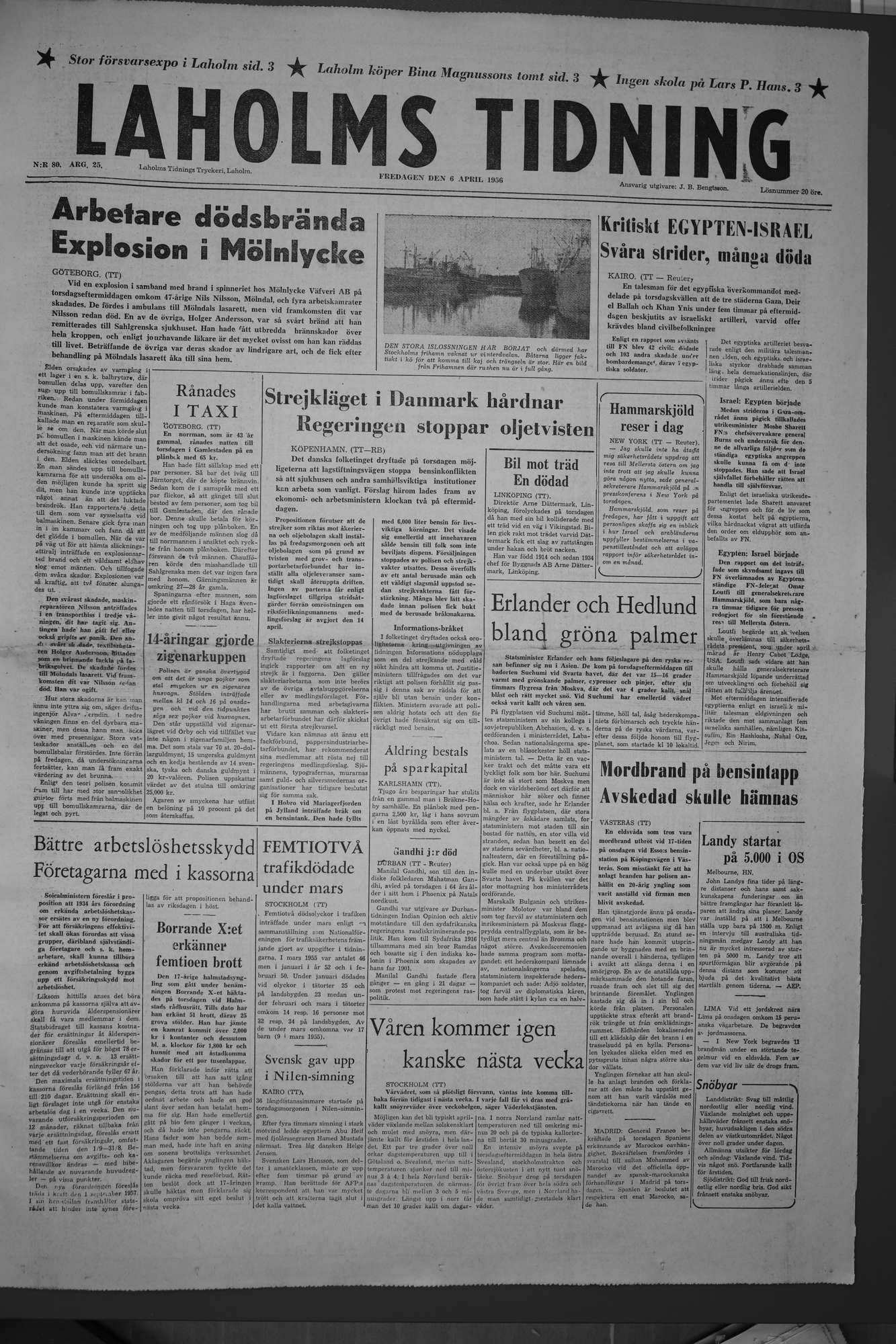 Laholms Tidning Fredag 6 april 1956, sida 1