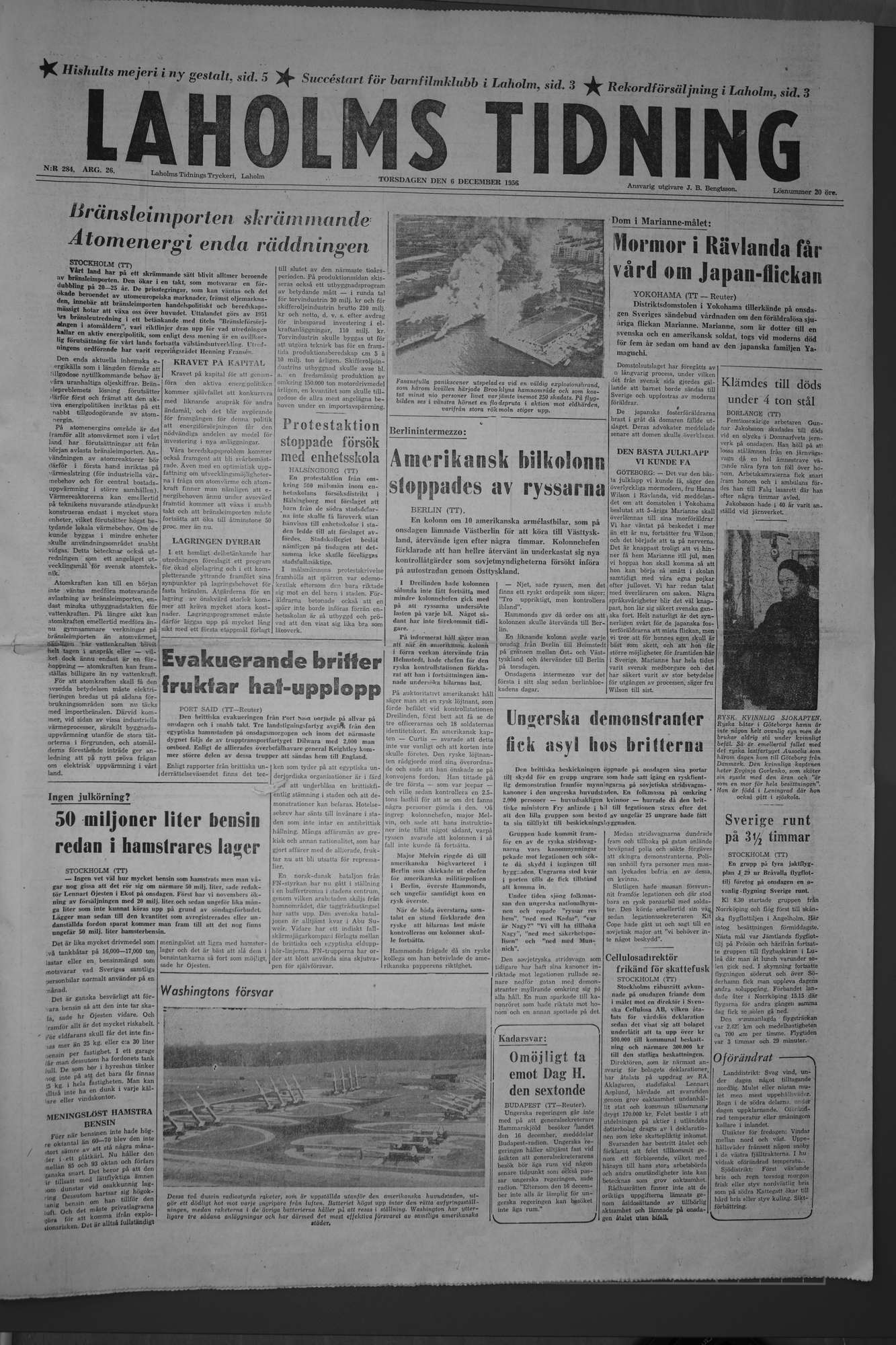Laholms Tidning Torsdag 6 december 1956, sida 1