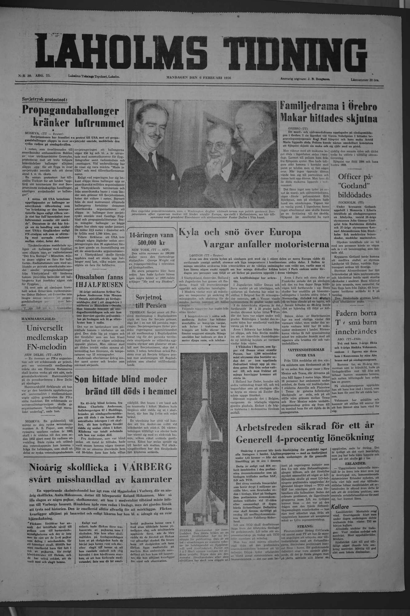 Laholms Tidning Måndag 6 februari 1956, sida 1
