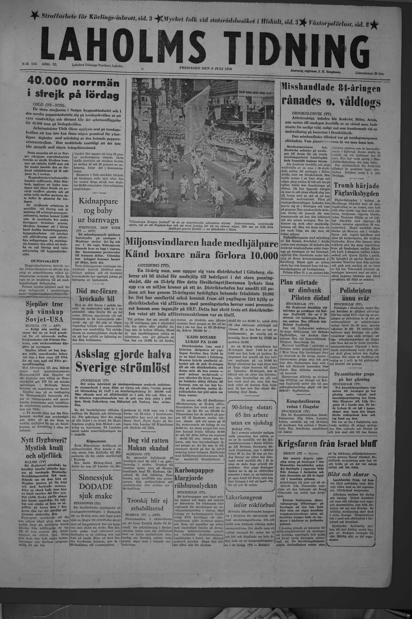 Laholms Tidning Fredag 6 juli 1956, sida 1