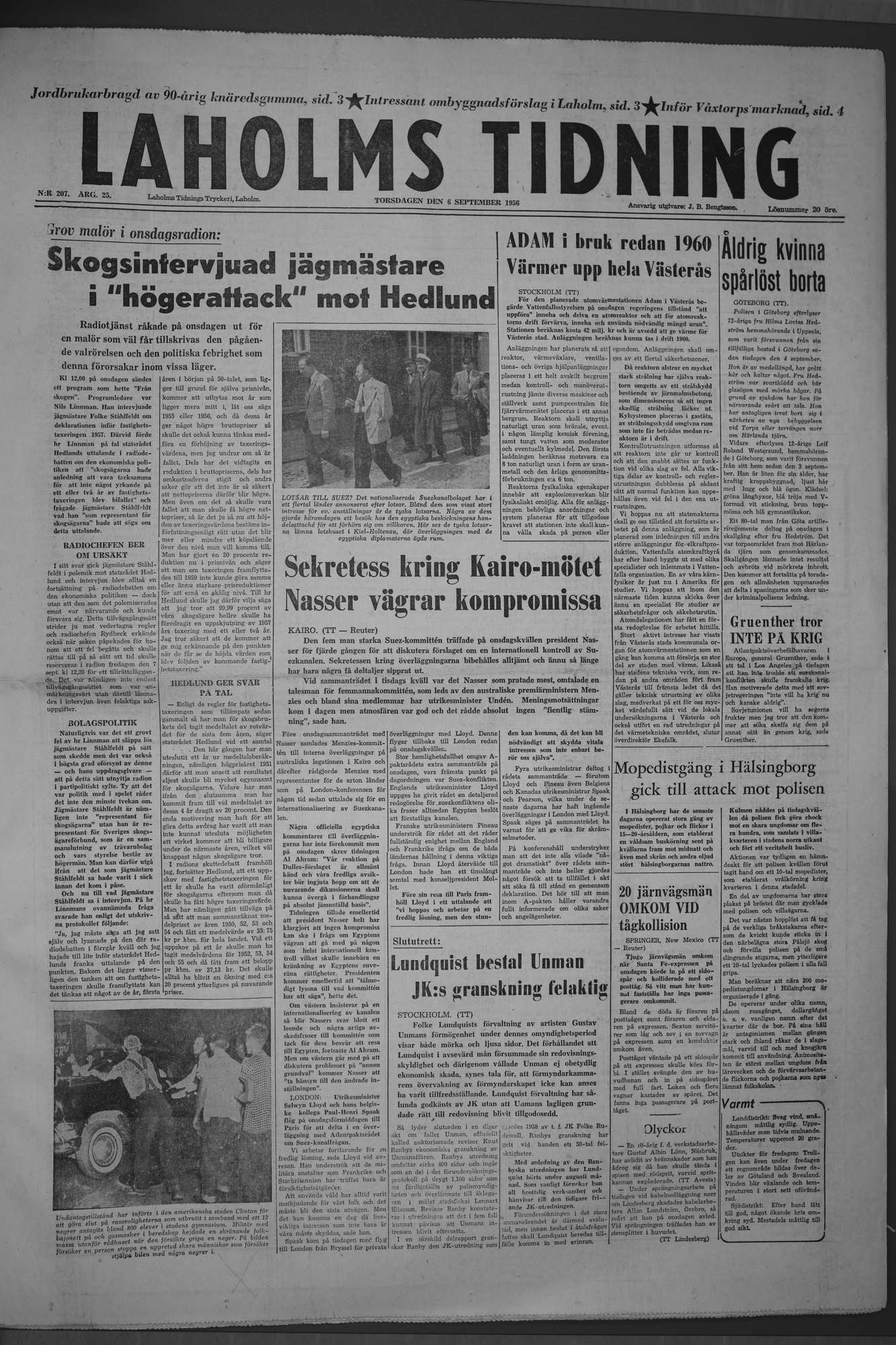 Laholms Tidning Torsdag 6 september 1956, sida 1