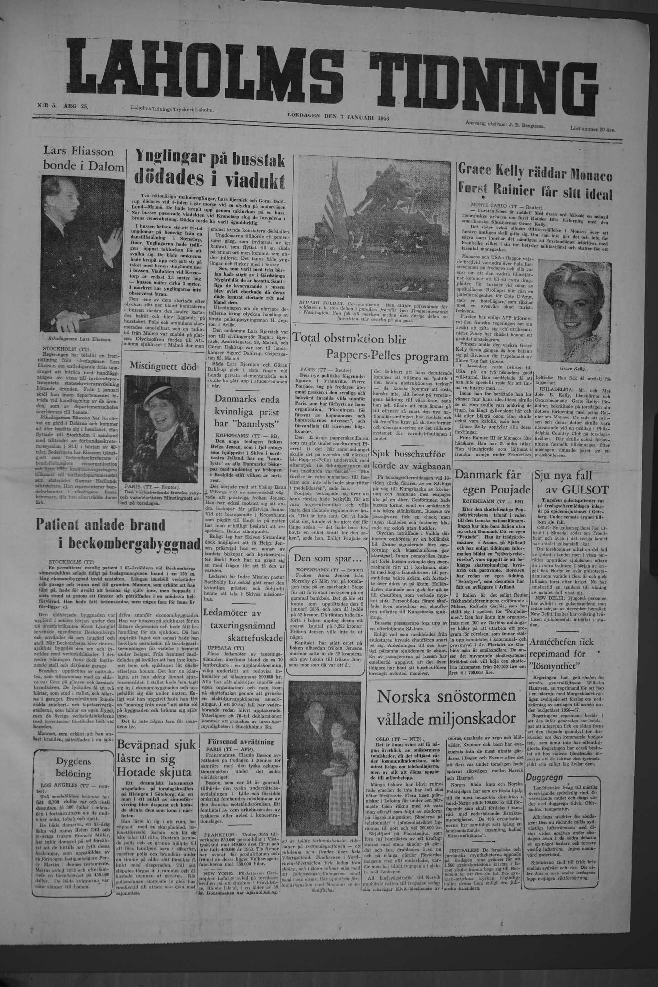 Laholms Tidning Lördag 7 januari 1956, sida 1