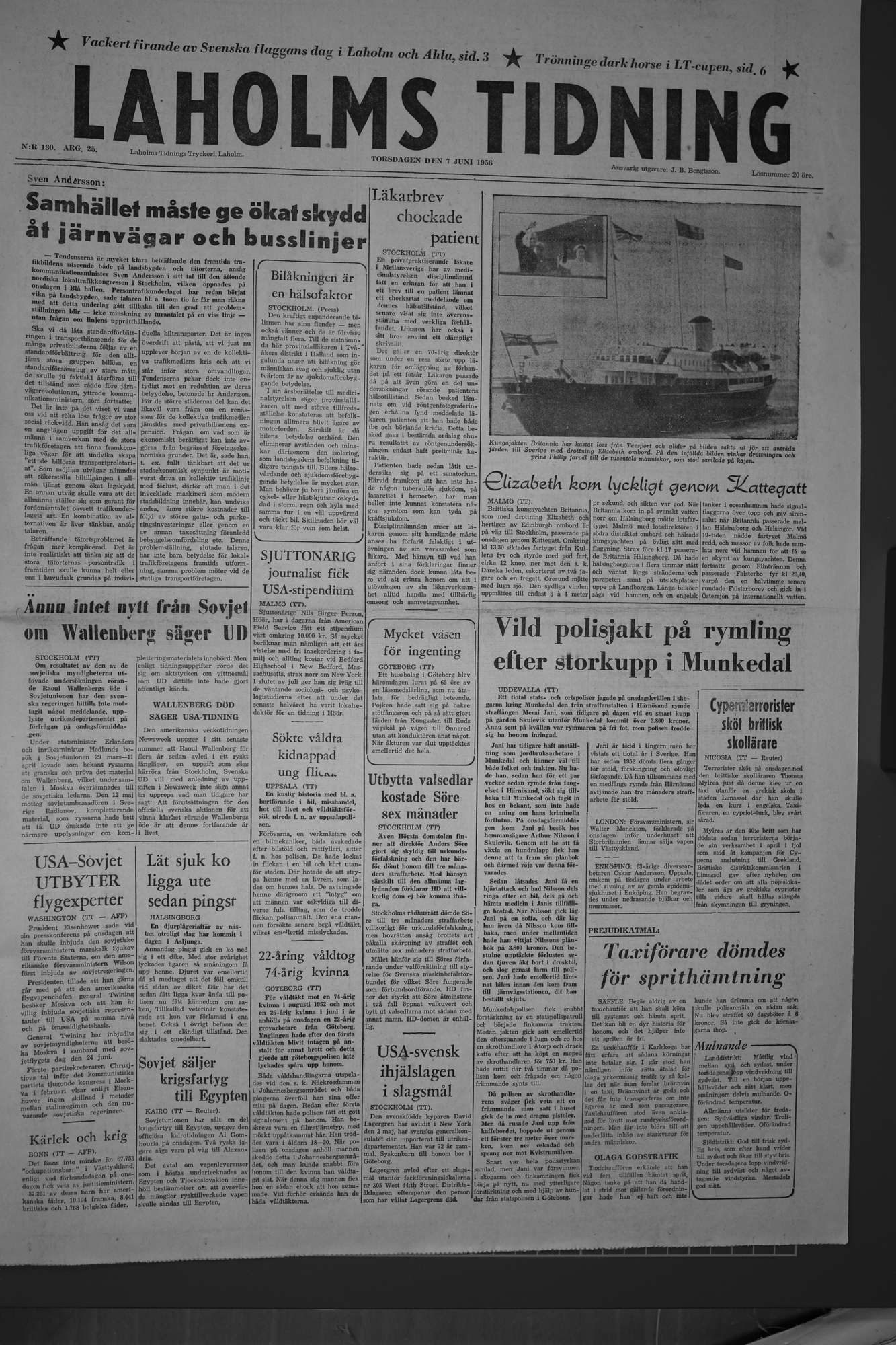 Laholms Tidning Torsdag 7 juni 1956, sida 1