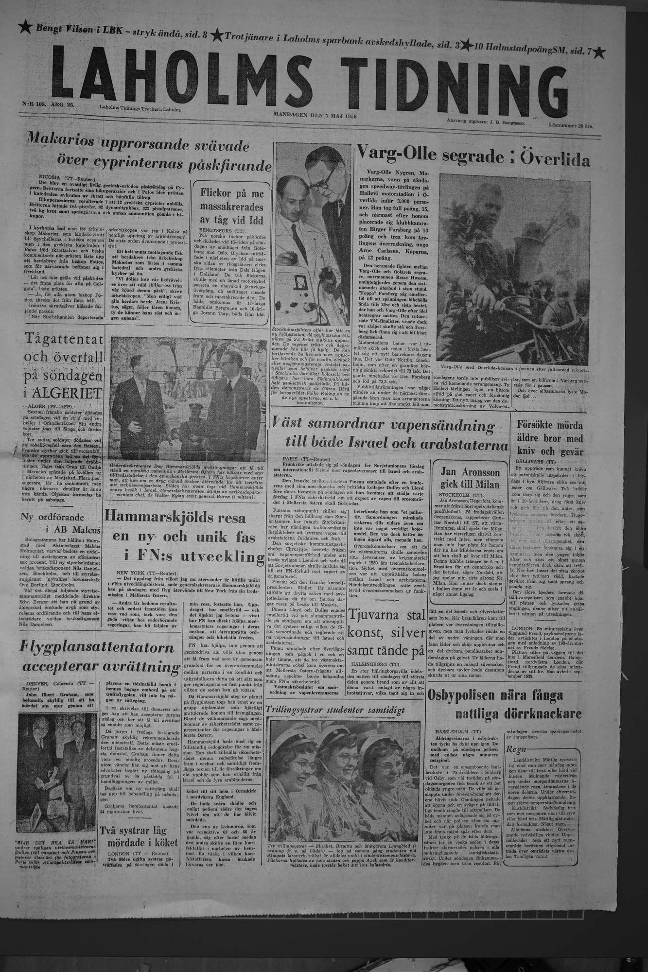 Laholms Tidning Måndag 7 maj 1956, sida 1