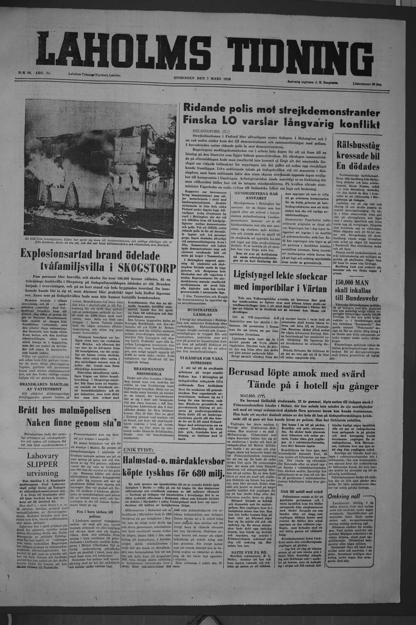 Laholms Tidning Onsdag 7 mars 1956, sida 1
