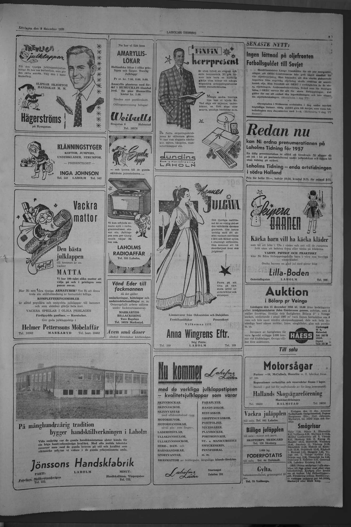 Laholms Tidning Lördag 8 december 1956, sida 3