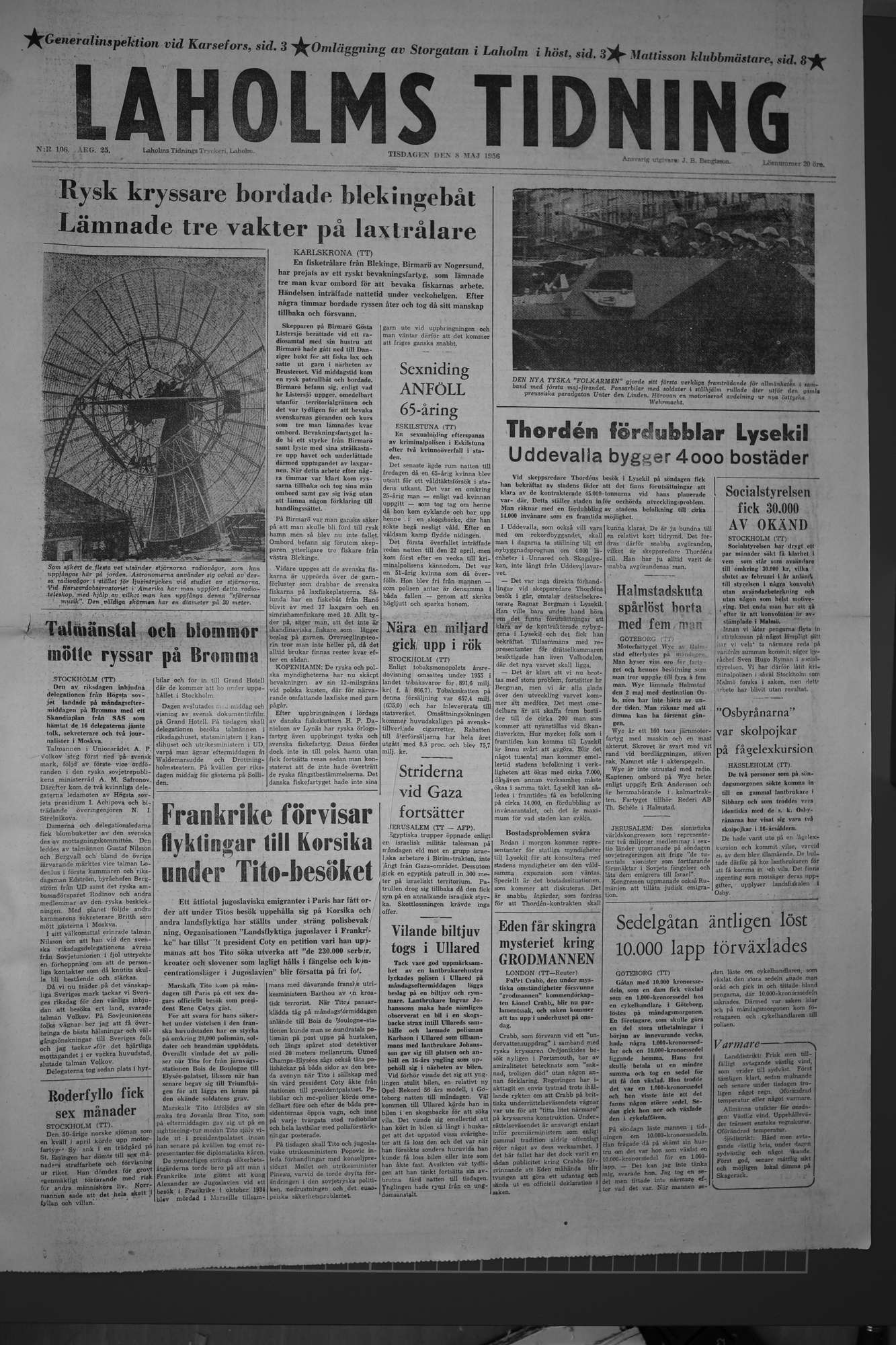 Laholms Tidning Tisdag 8 maj 1956, sida 1