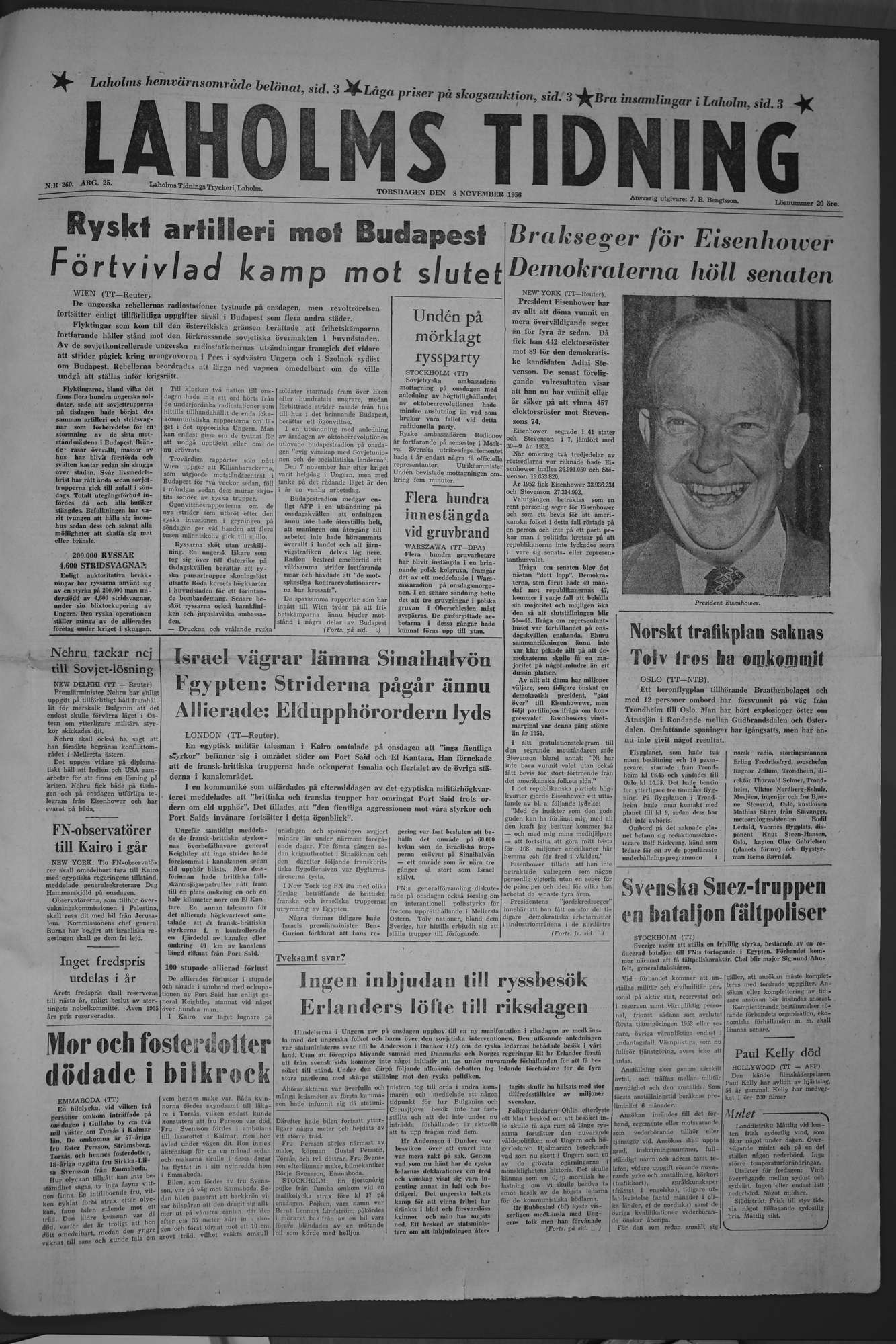 Laholms Tidning Torsdag 8 november 1956, sida 1