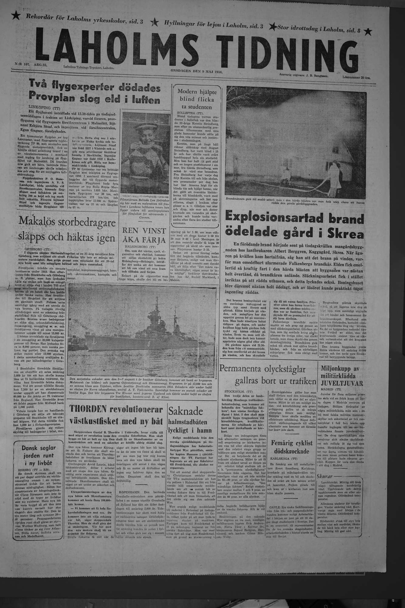 Laholms Tidning Onsdag 9 maj 1956, sida 1