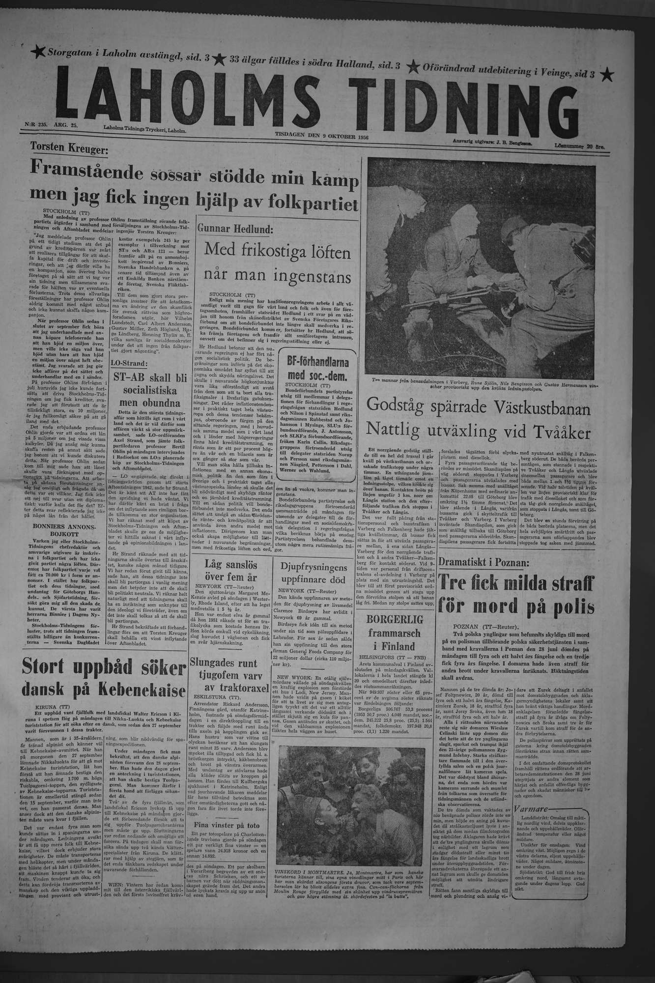 Laholms Tidning Tisdag 9 oktober 1956, sida 1