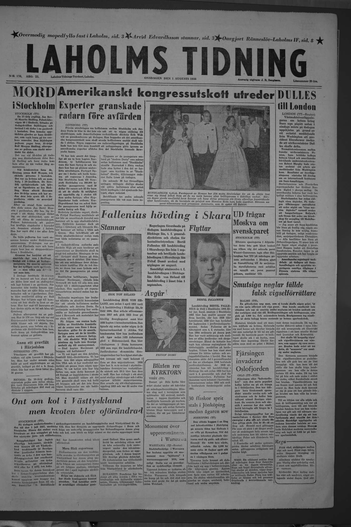 Laholms Tidning Onsdag 1 augusti 1956, sida 1