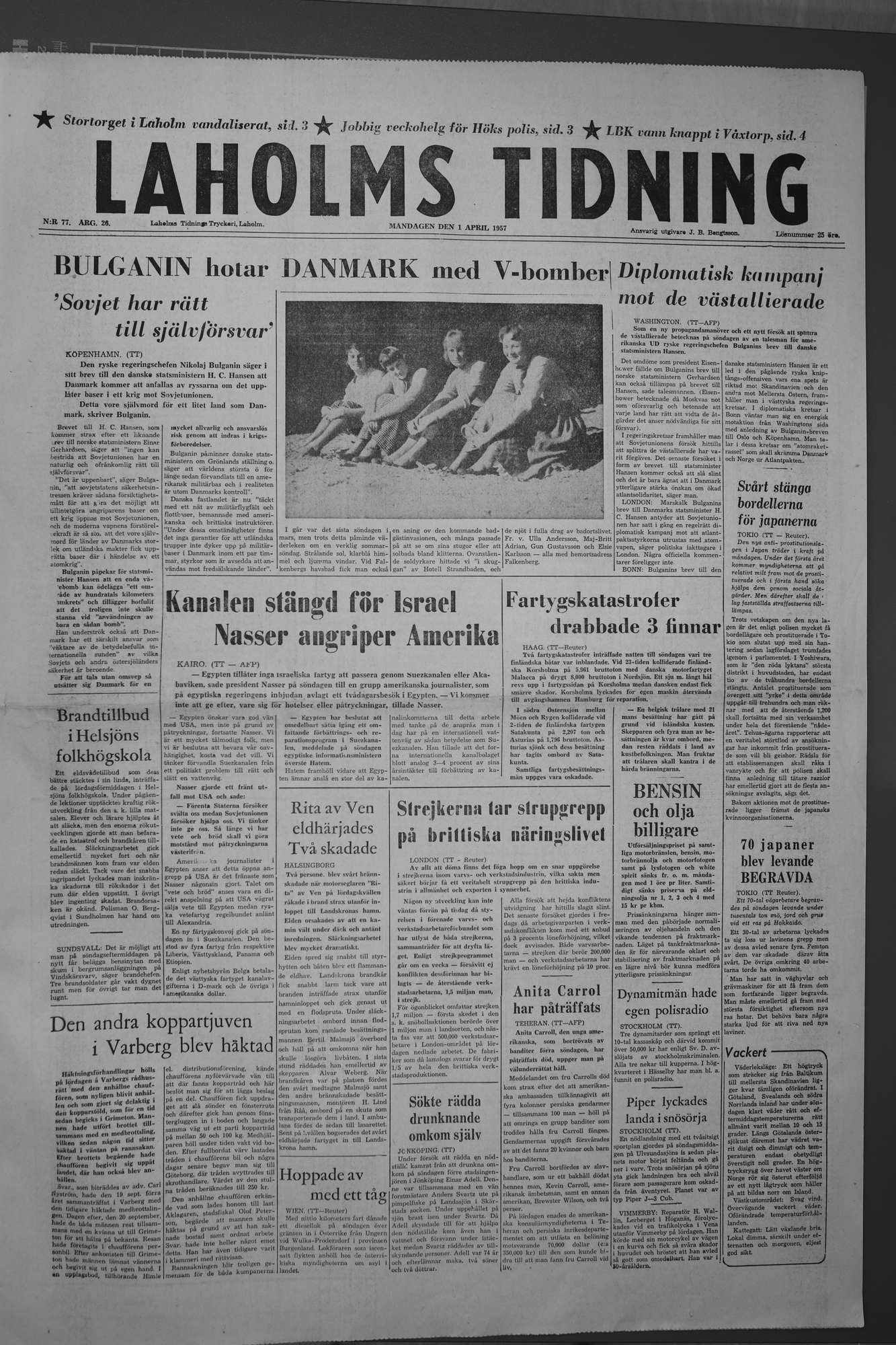 Laholms Tidning Måndag 1 april 1957, sida 1