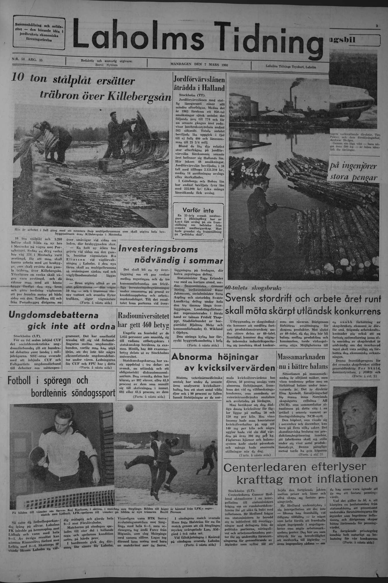 Laholms Tidning Måndag 7 mars 1966, sida 1