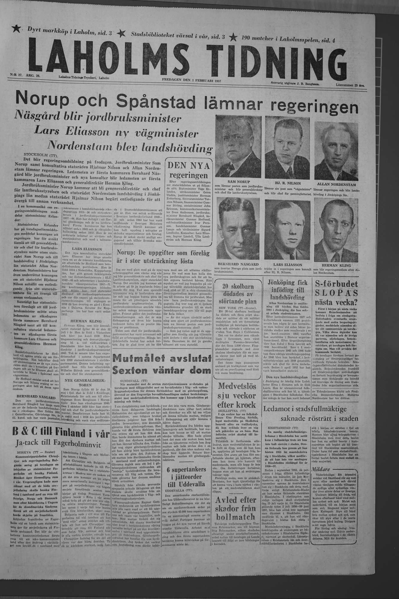 Laholms Tidning Fredag 1 februari 1957, sida 1