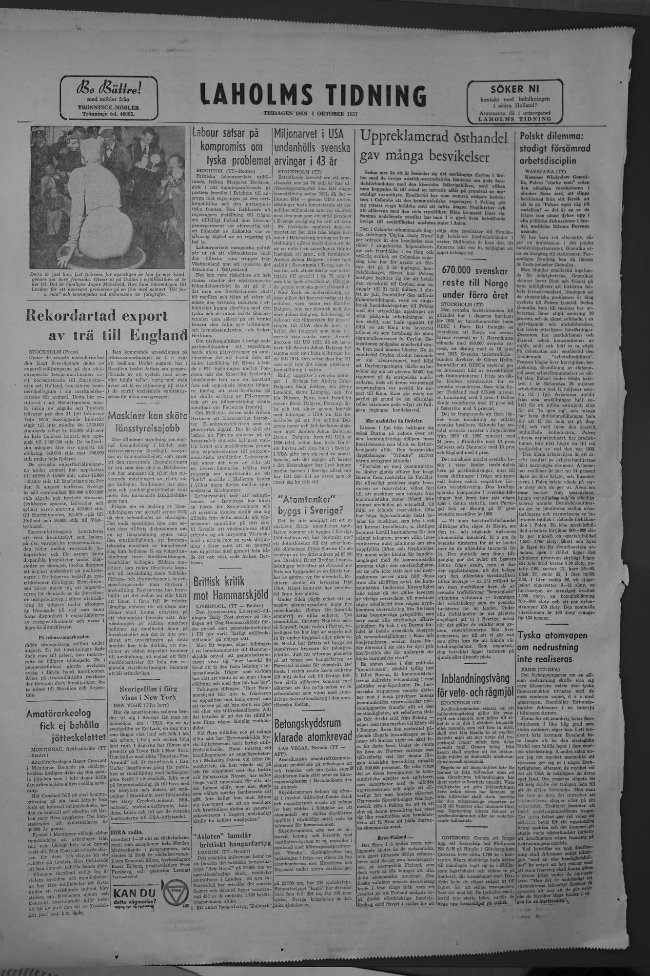 Laholms Tidning Tisdag 1 oktober 1957, sida 8