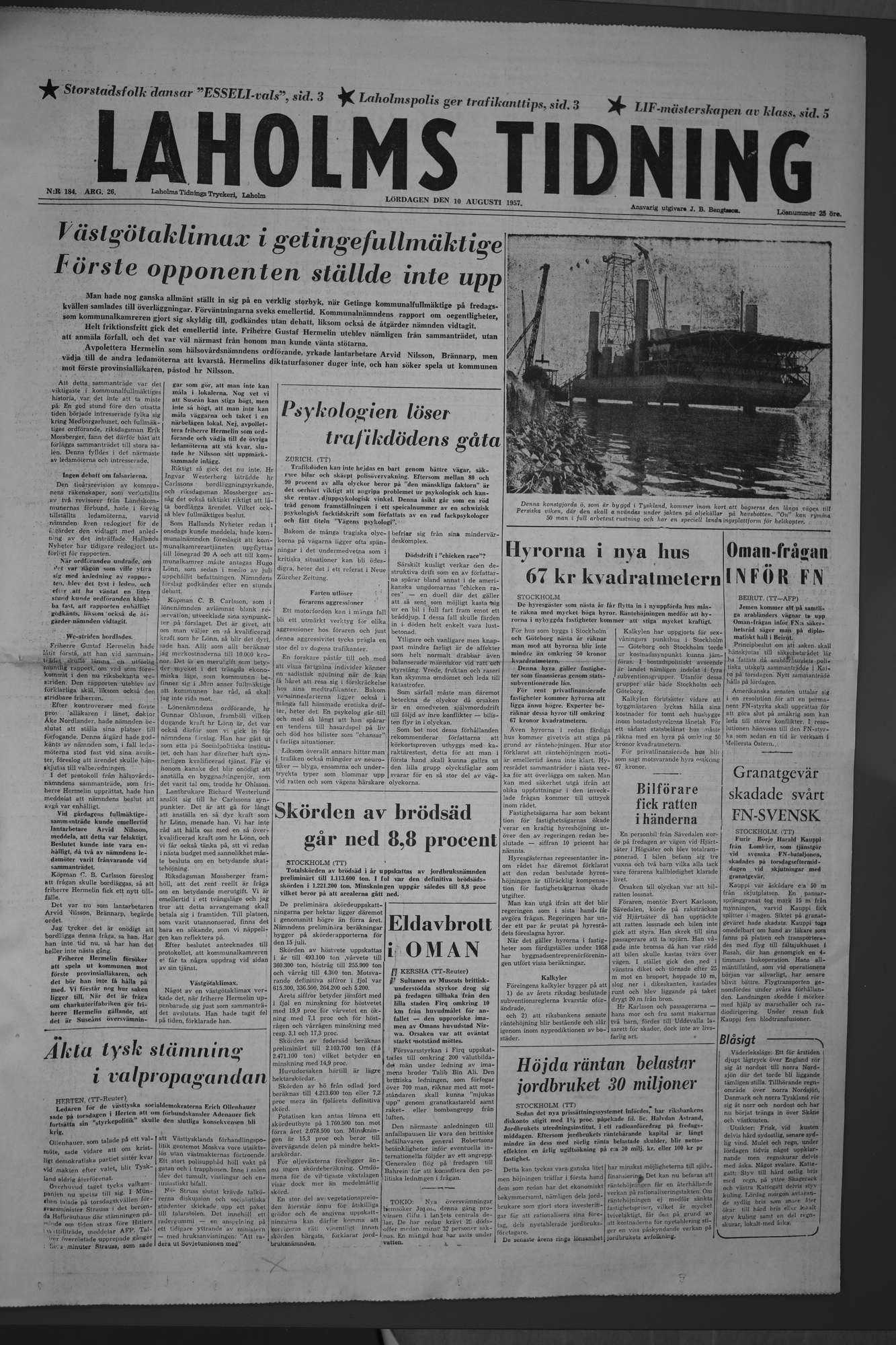 Laholms Tidning Lördag 10 augusti 1957, sida 1