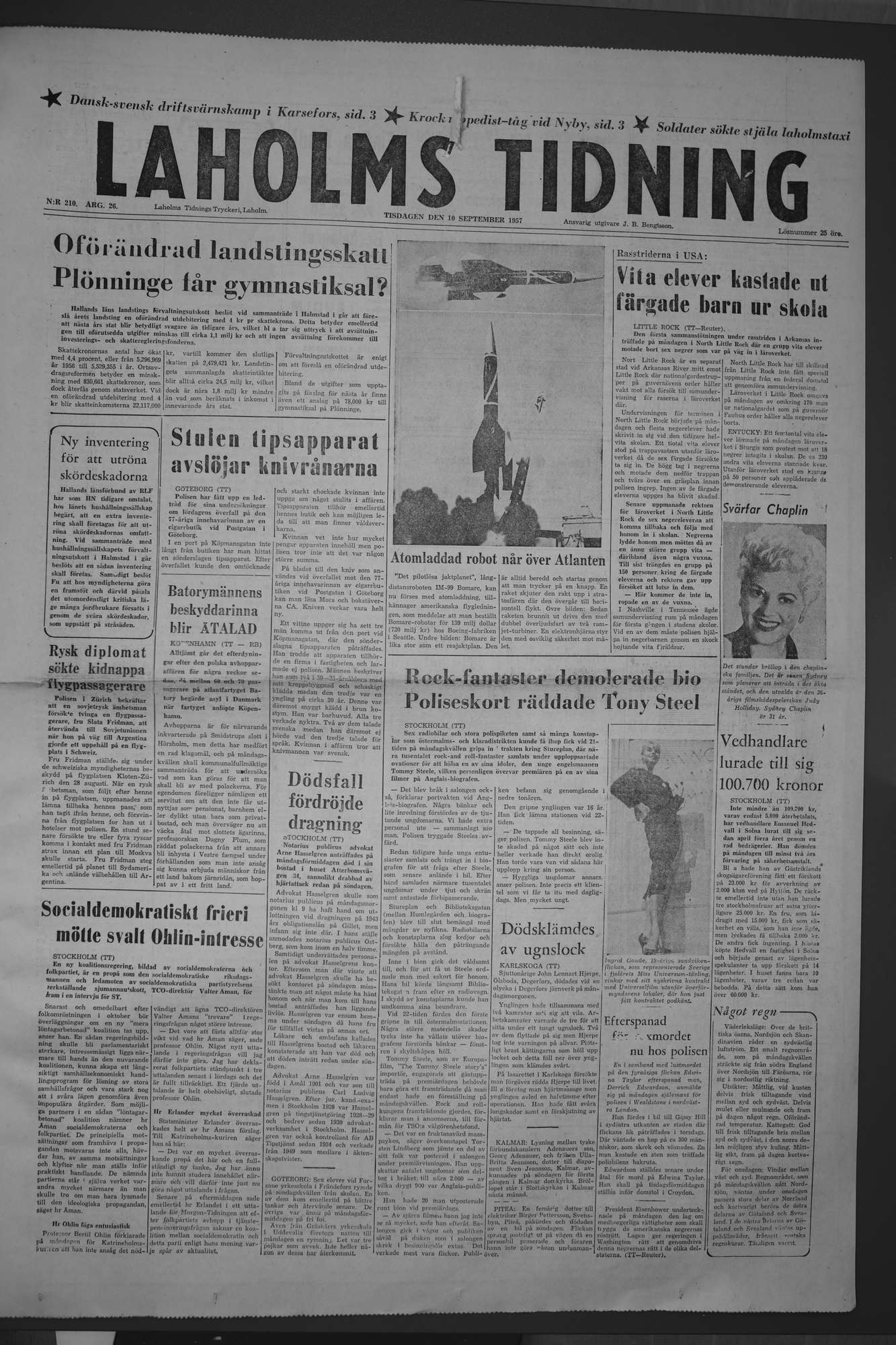 Laholms Tidning Tisdag 10 september 1957, sida 1