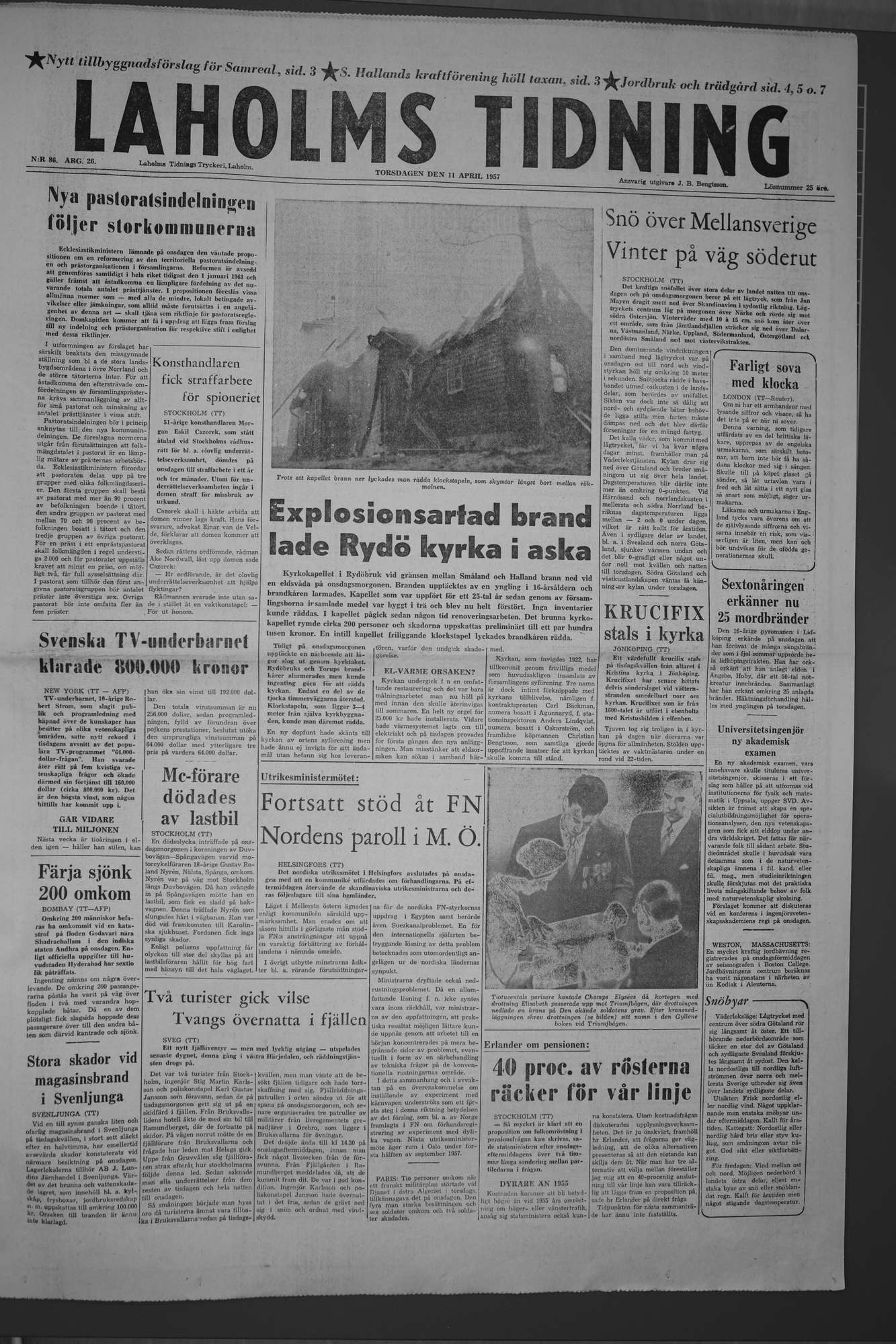Laholms Tidning Torsdag 11 april 1957, sida 1
