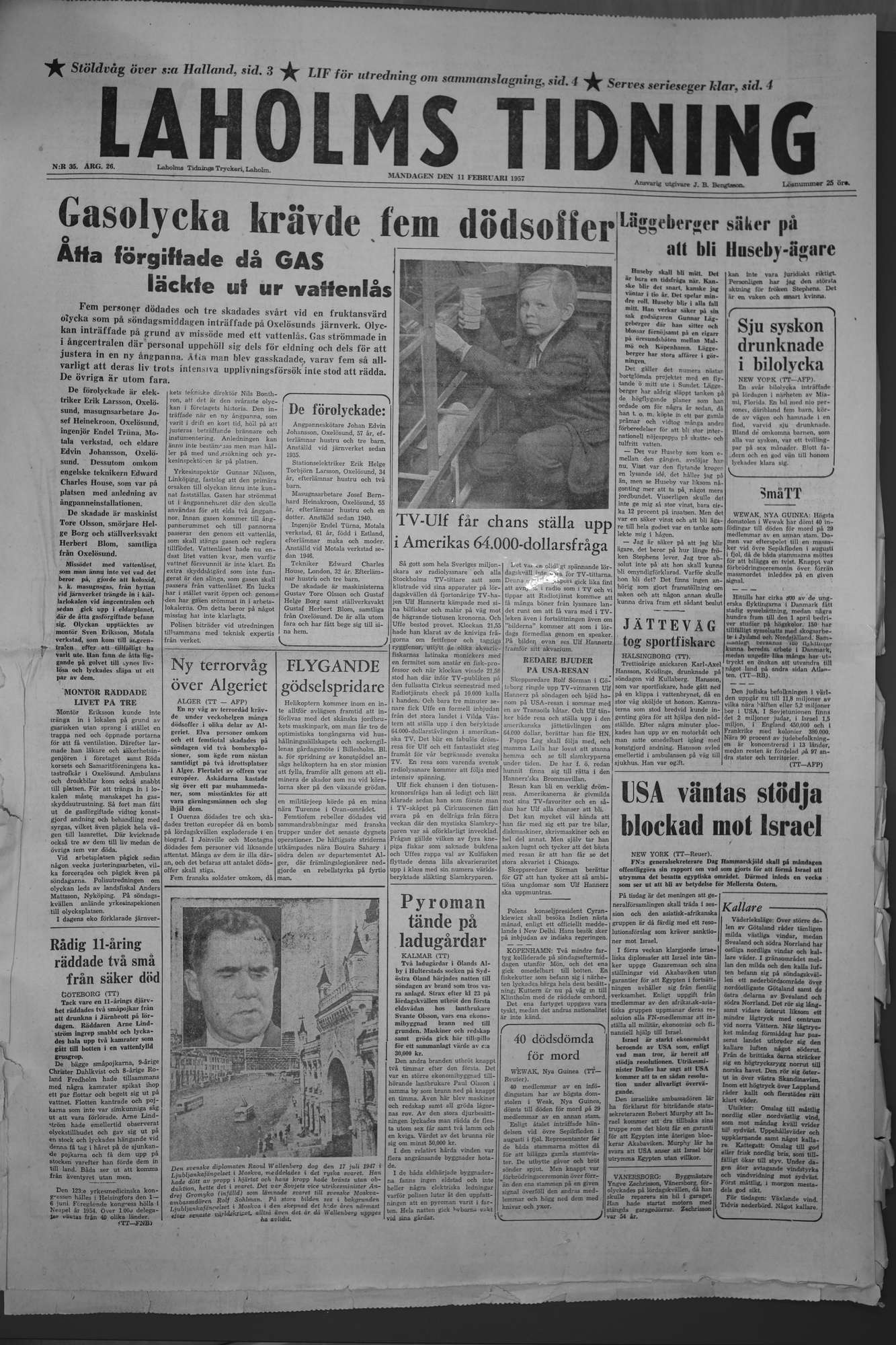 Laholms Tidning Måndag 11 februari 1957, sida 1