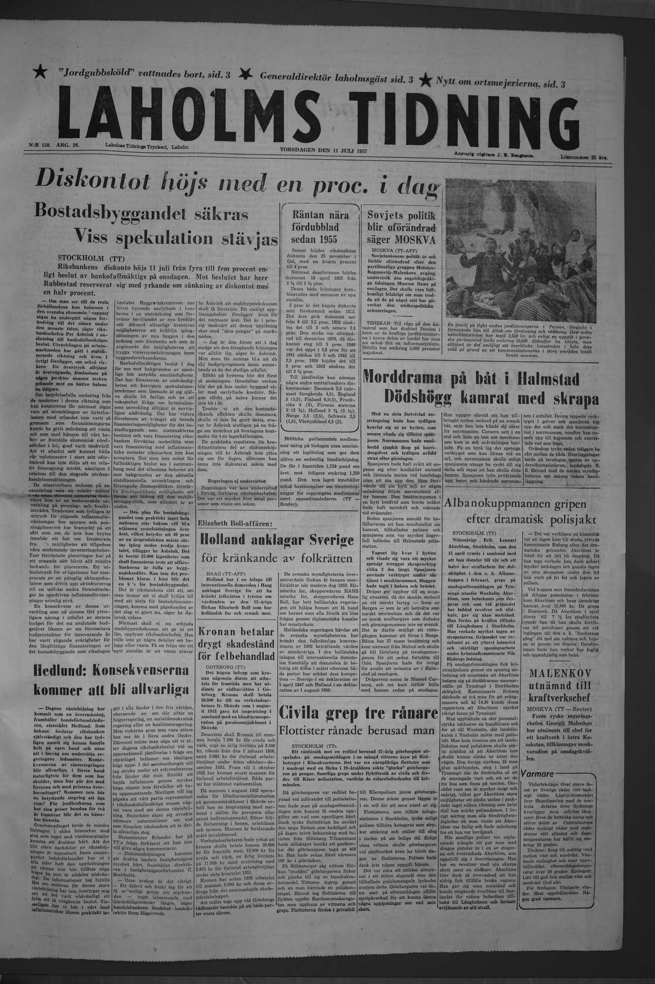 Laholms Tidning Torsdag 11 juli 1957, sida 1