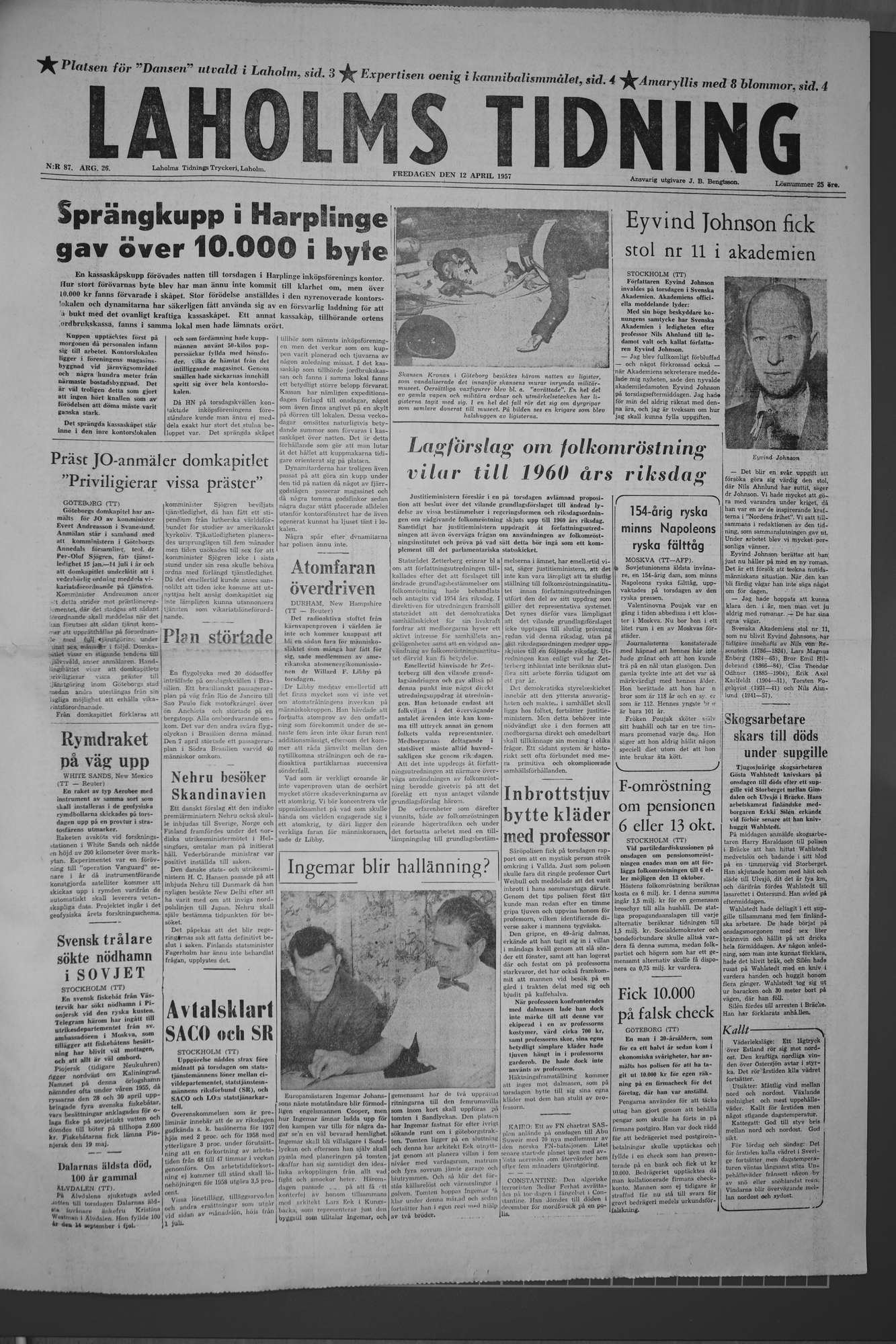 Laholms Tidning Fredag 12 april 1957, sida 1