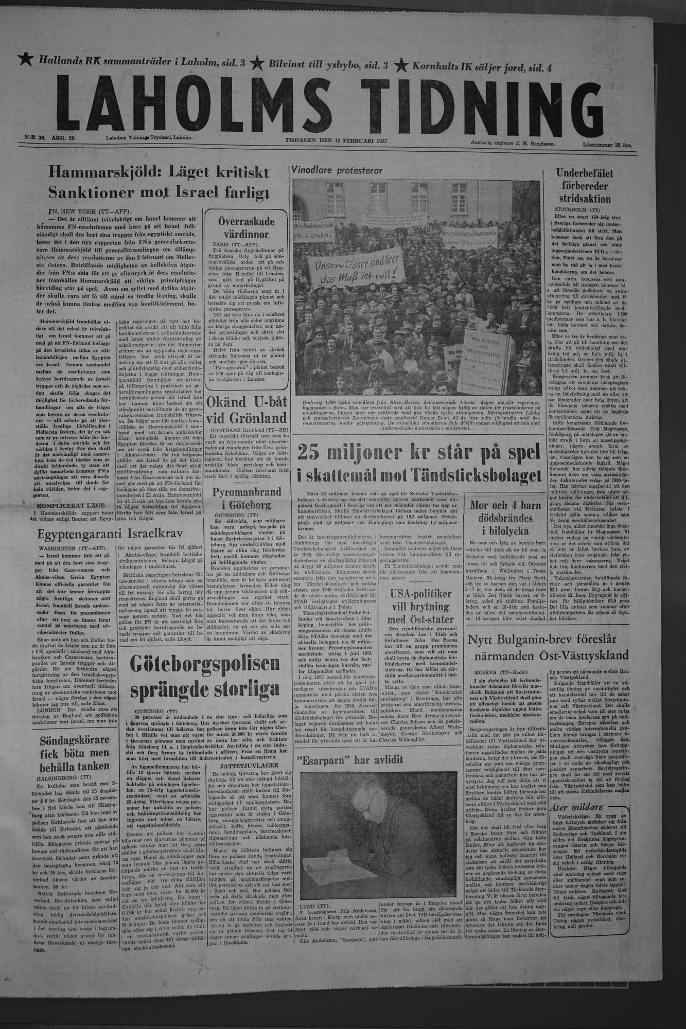 Laholms Tidning Tisdag 12 februari 1957, sida 1