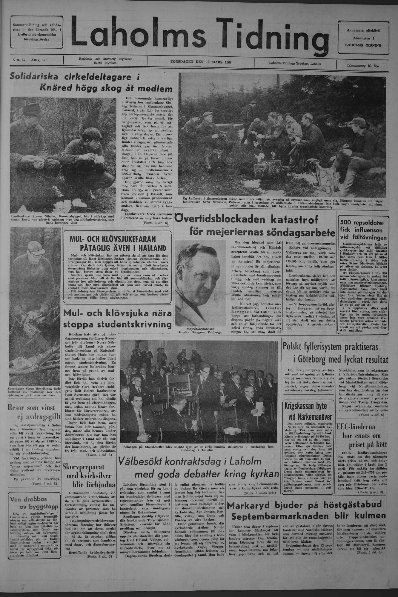 Laholms Tidning Torsdag 10 mars 1966, sida 1