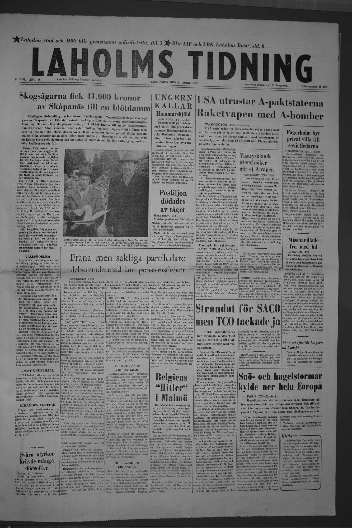 Laholms Tidning Lördag 13 april 1957, sida 1