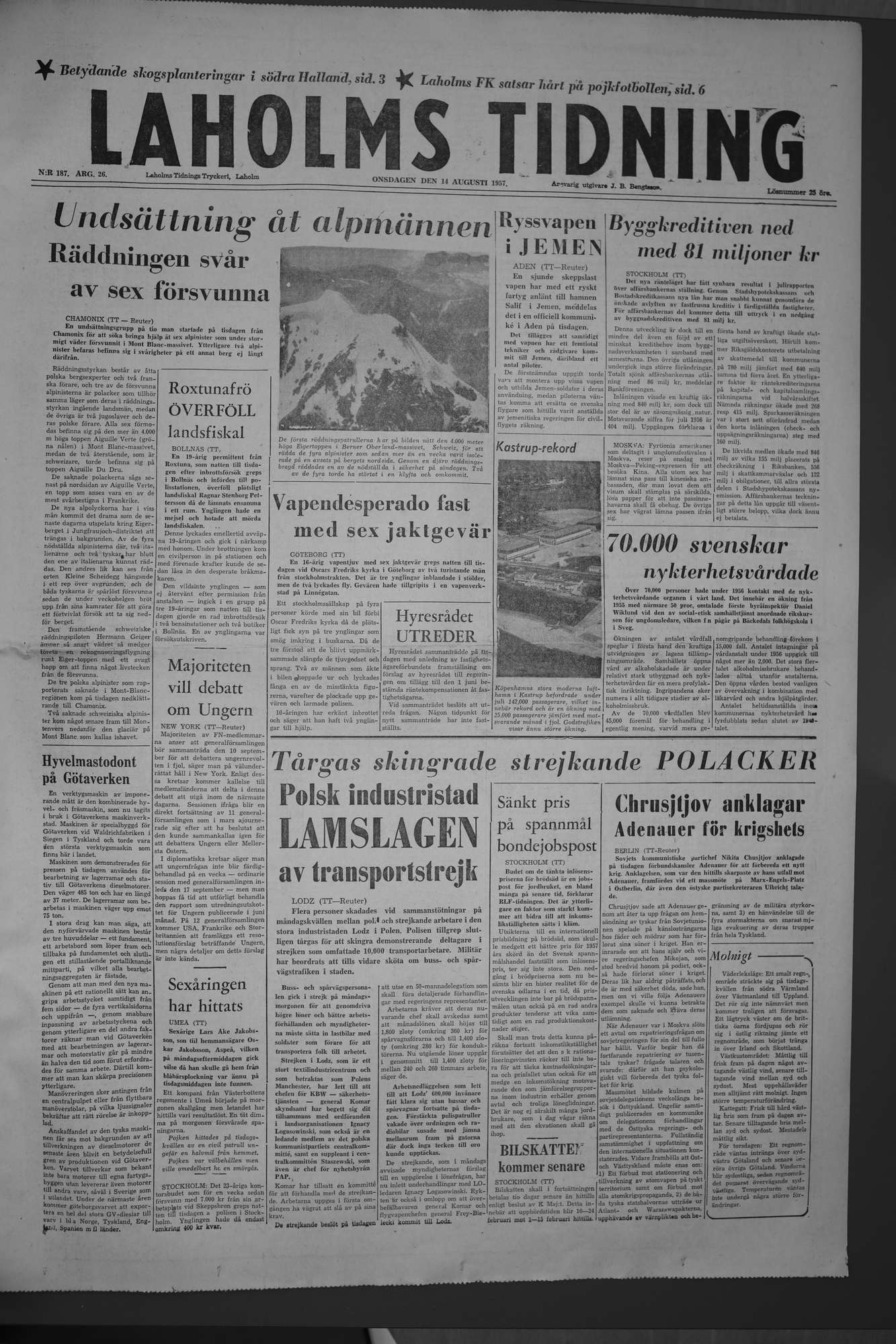 Laholms Tidning Onsdag 14 augusti 1957, sida 1
