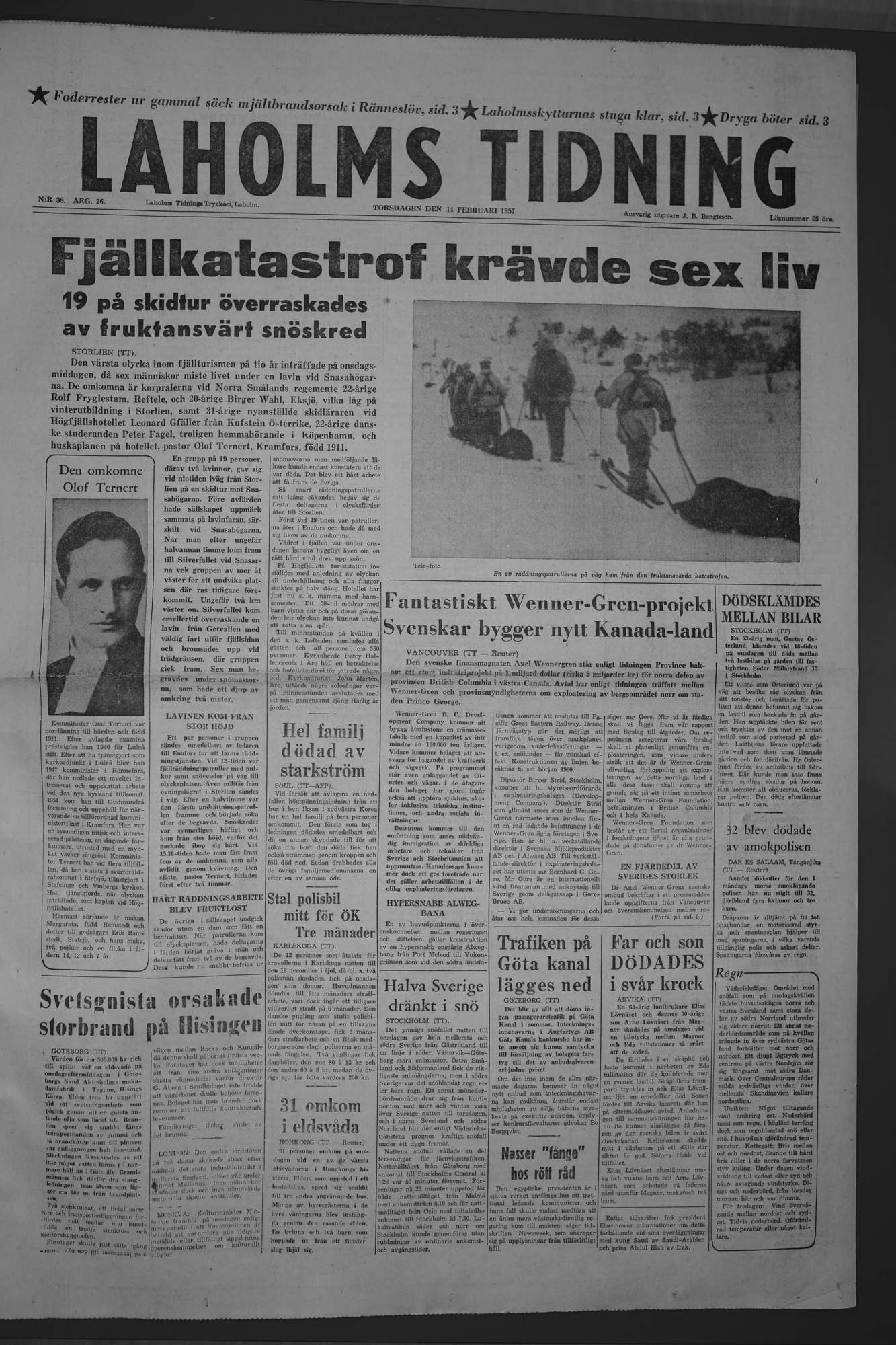 Laholms Tidning Torsdag 14 februari 1957, sida 1