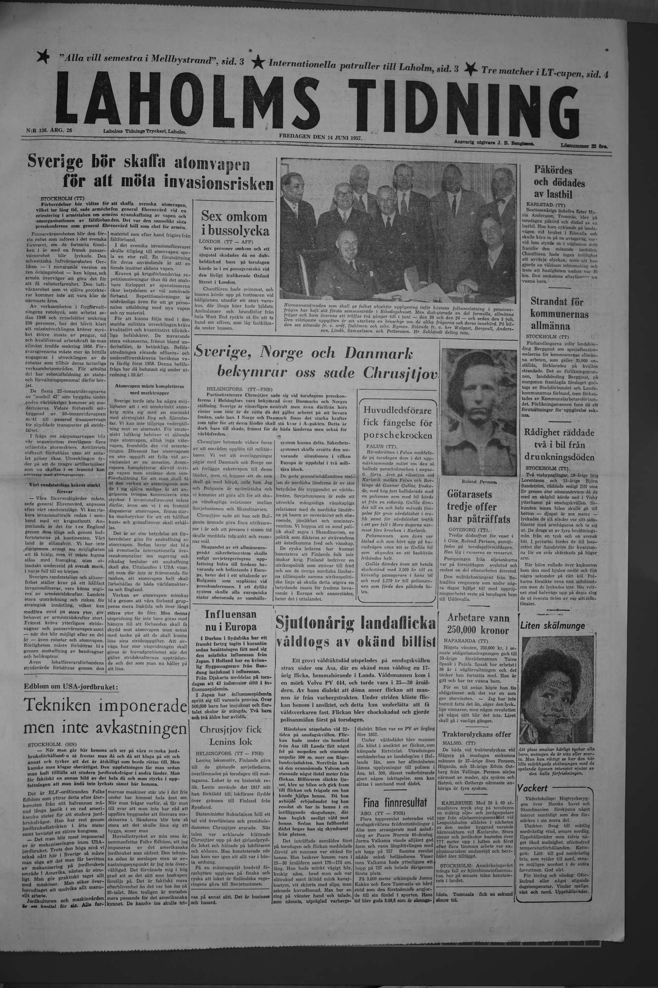 Laholms Tidning Fredag 14 juni 1957, sida 1