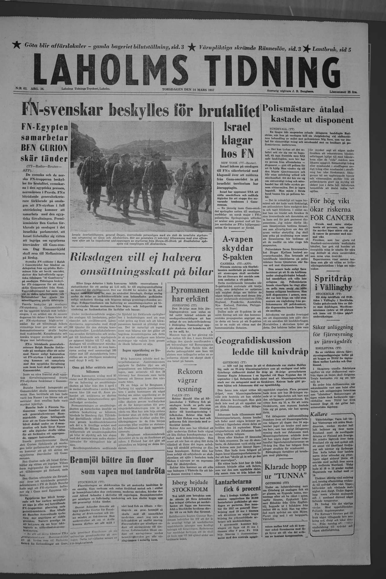 Laholms Tidning Torsdag 14 mars 1957, sida 1