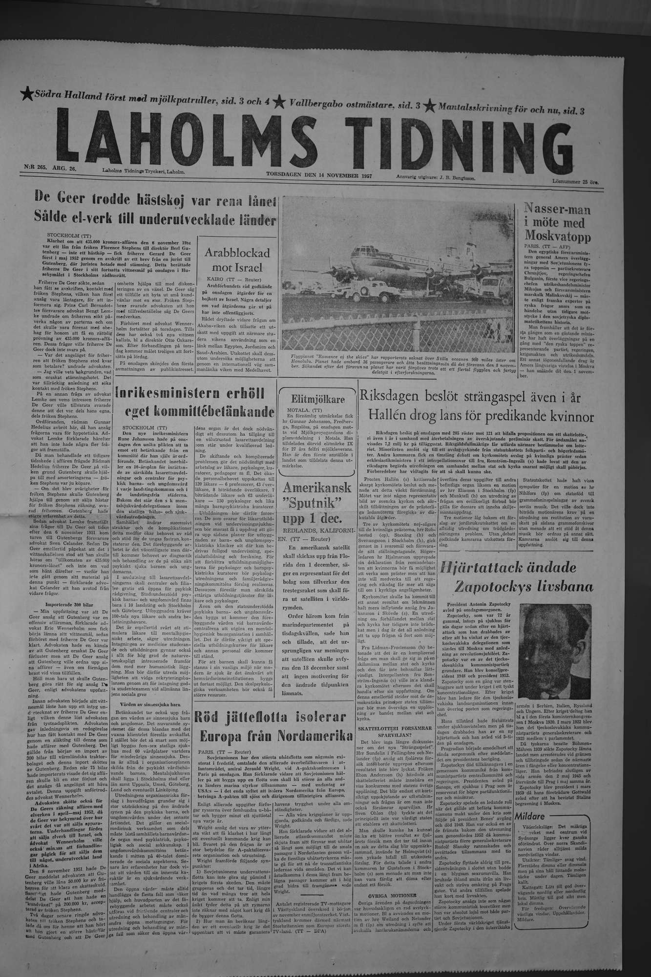 Laholms Tidning Torsdag 14 november 1957, sida 1
