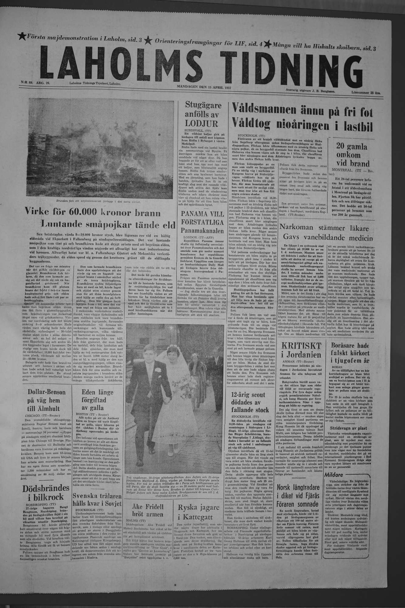 Laholms Tidning Måndag 15 april 1957, sida 1