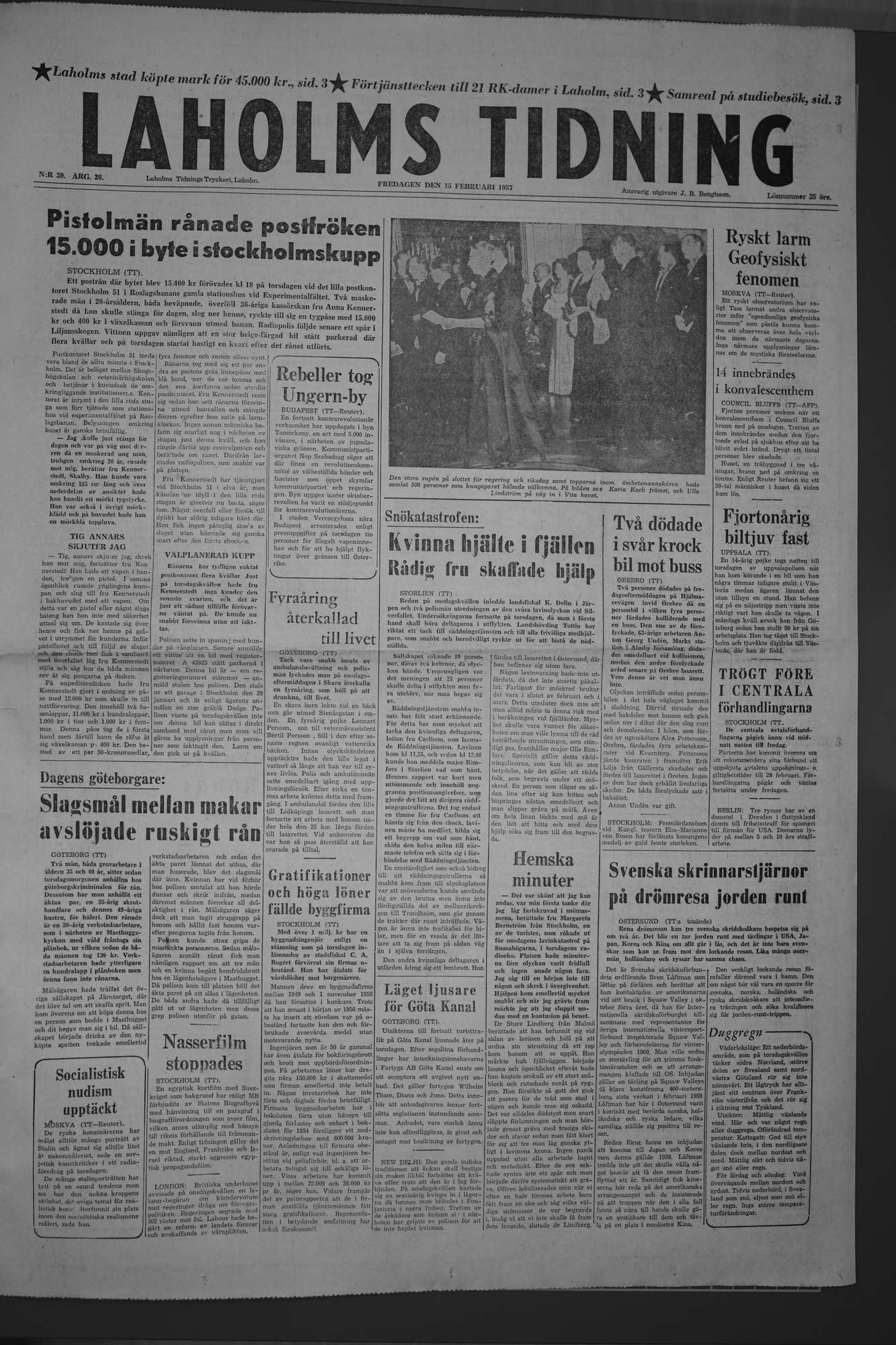 Laholms Tidning Fredag 15 februari 1957, sida 1