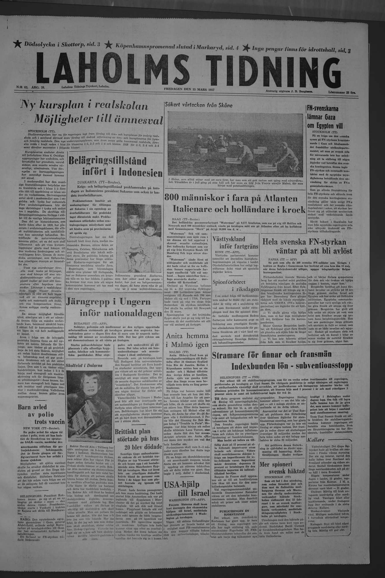 Laholms Tidning Fredag 15 mars 1957, sida 1