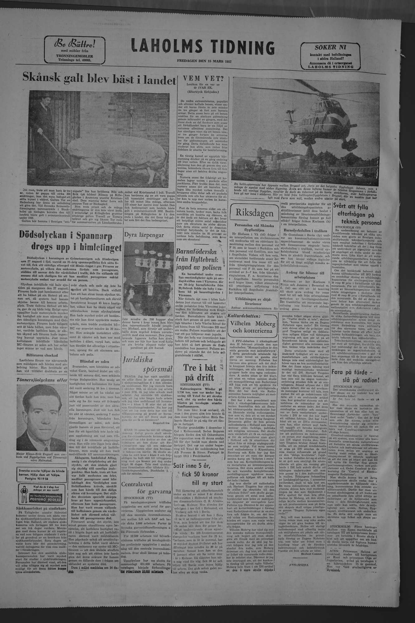 Laholms Tidning Fredag 15 mars 1957, sida 8