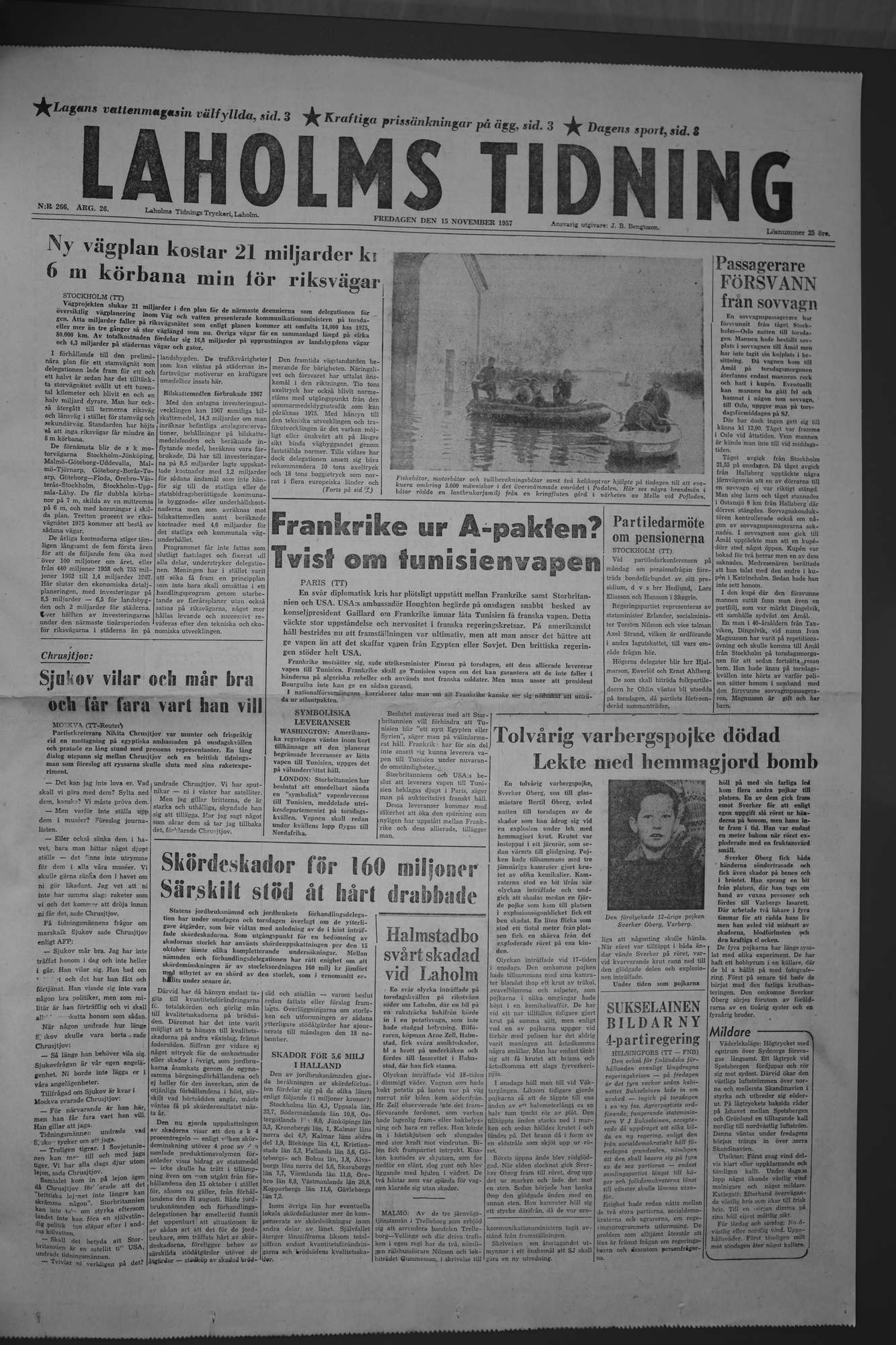 Laholms Tidning Fredag 15 november 1957, sida 1