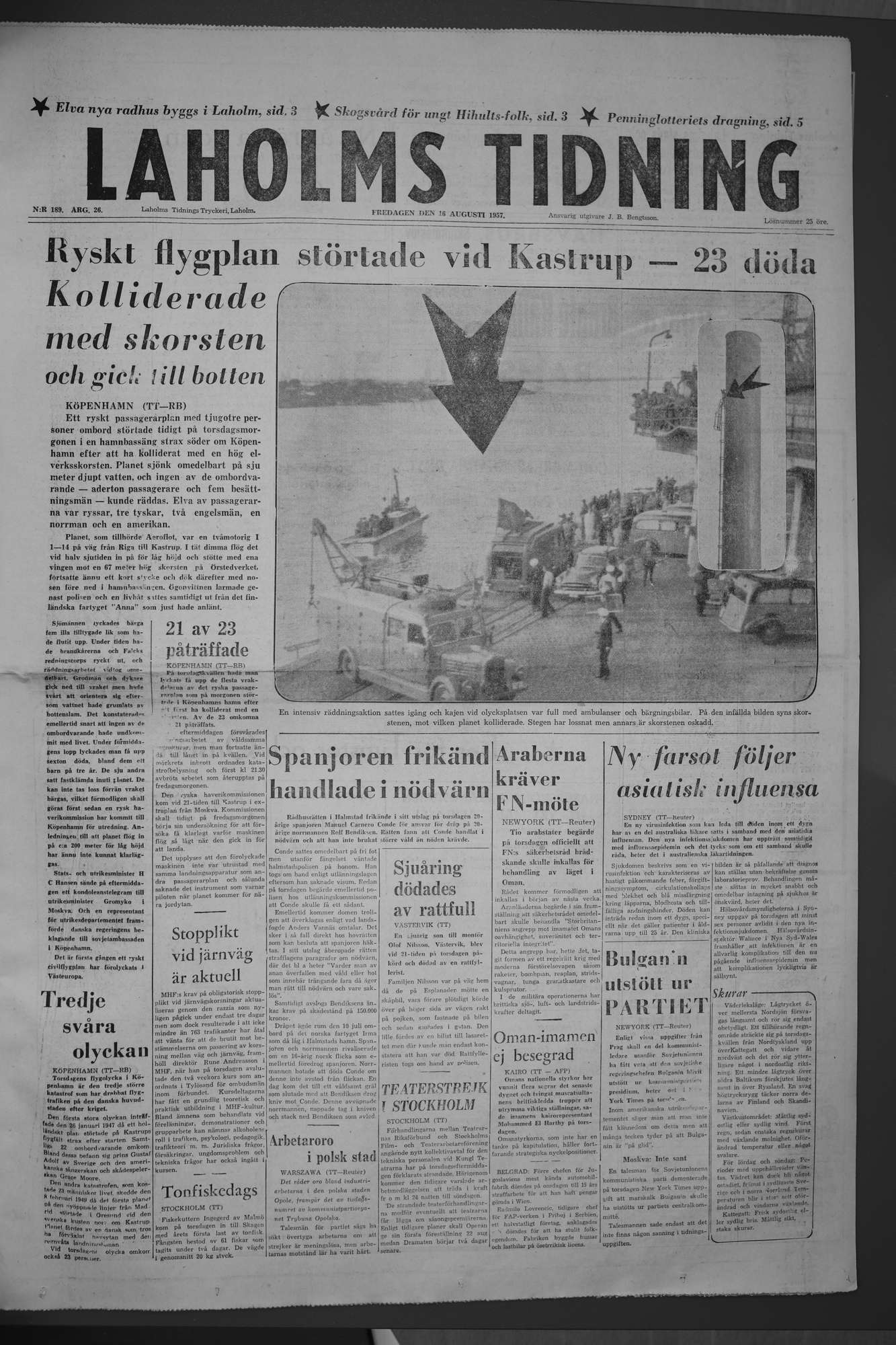 Laholms Tidning Fredag 16 augusti 1957, sida 1