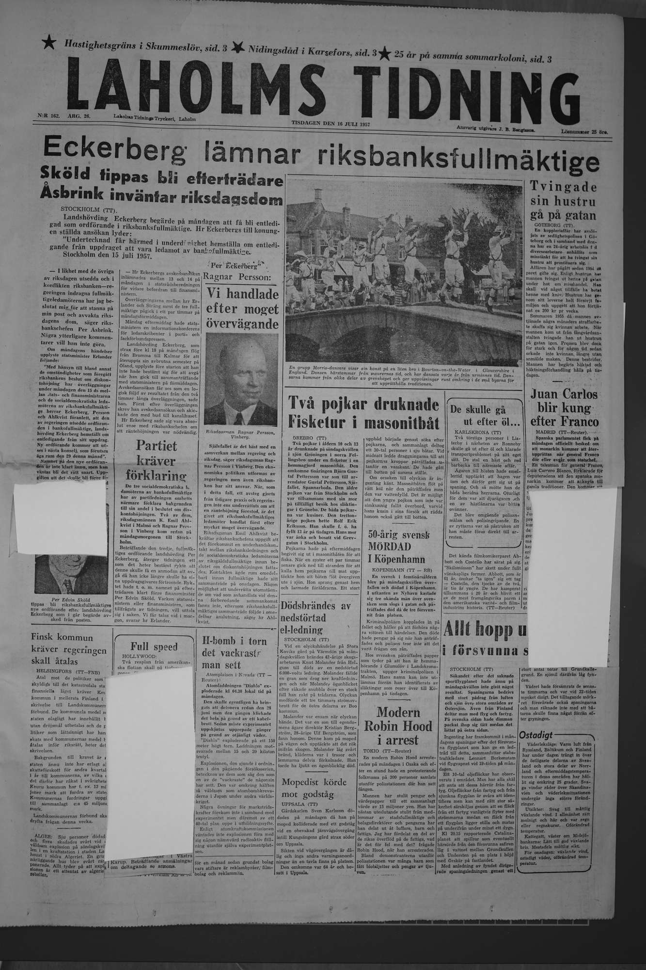 Laholms Tidning Tisdag 16 juli 1957, sida 1