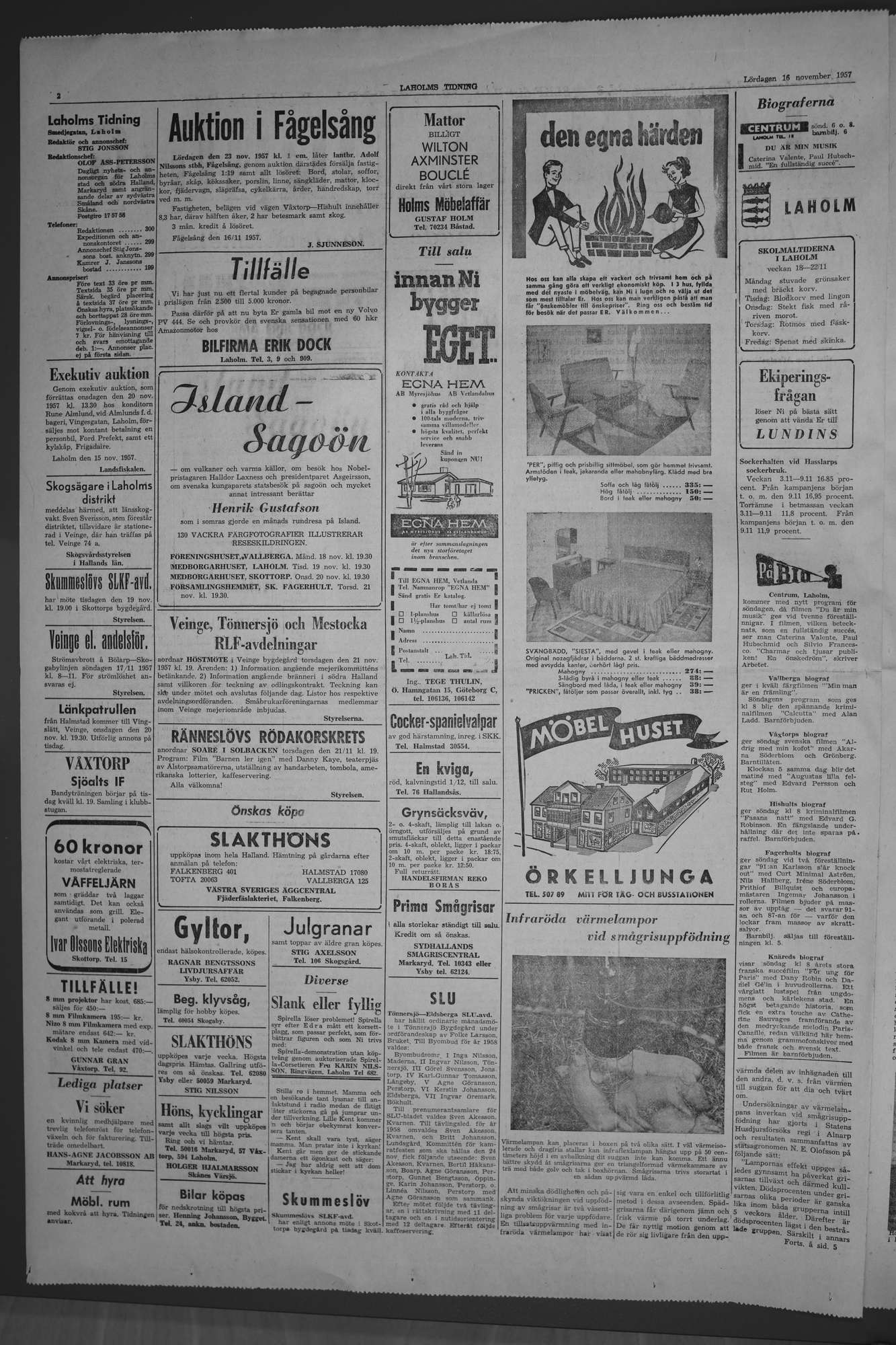 Laholms Tidning Lördag 16 november 1957, sida 2