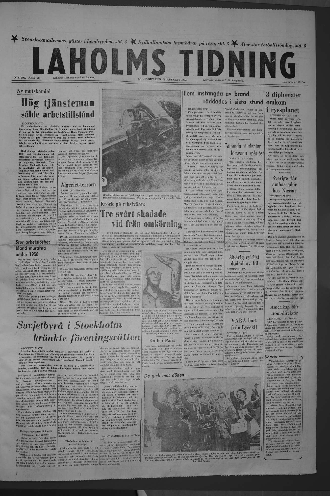 Laholms Tidning Lördag 17 augusti 1957, sida 1