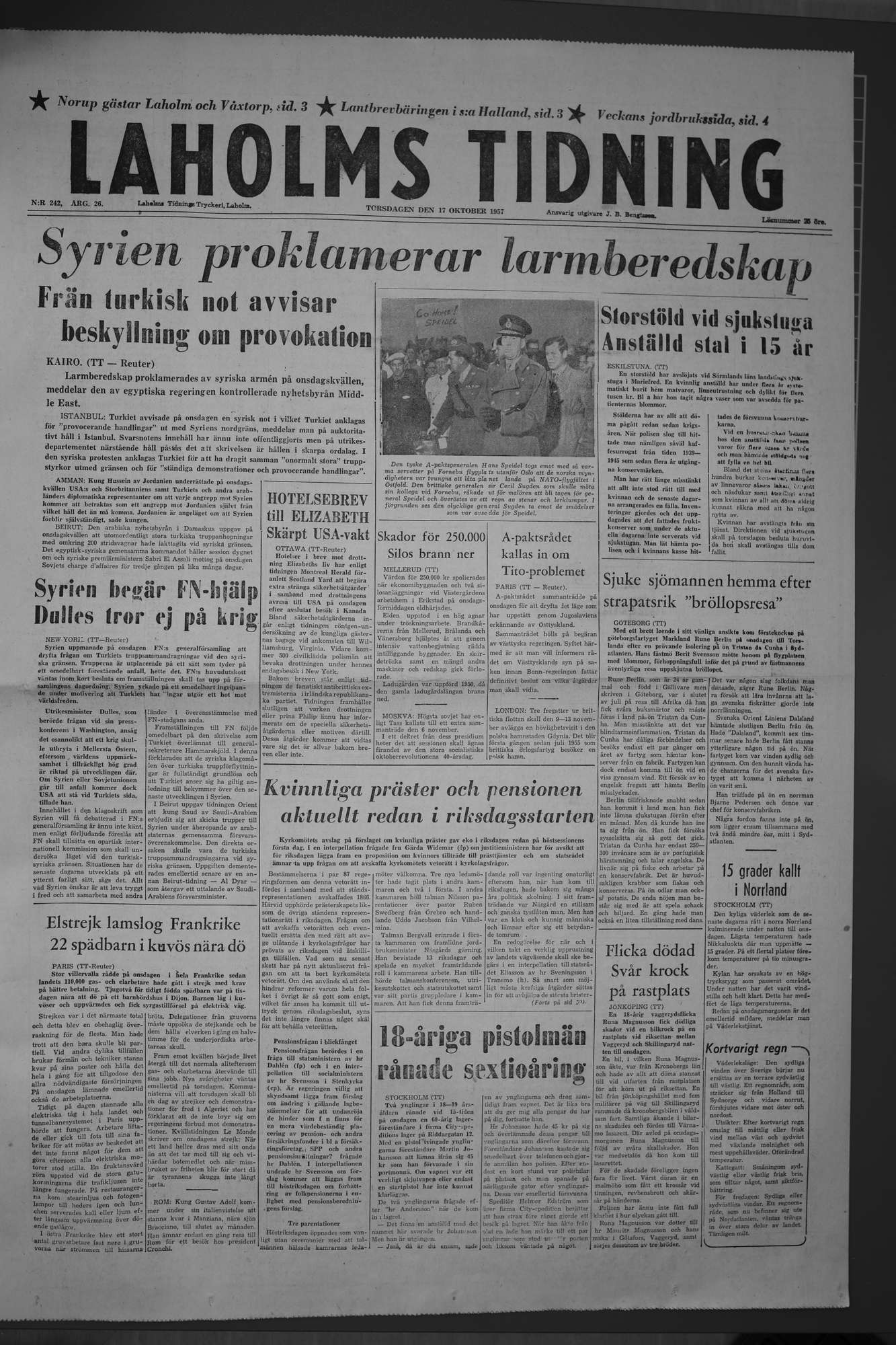 Laholms Tidning Torsdag 17 oktober 1957, sida 1