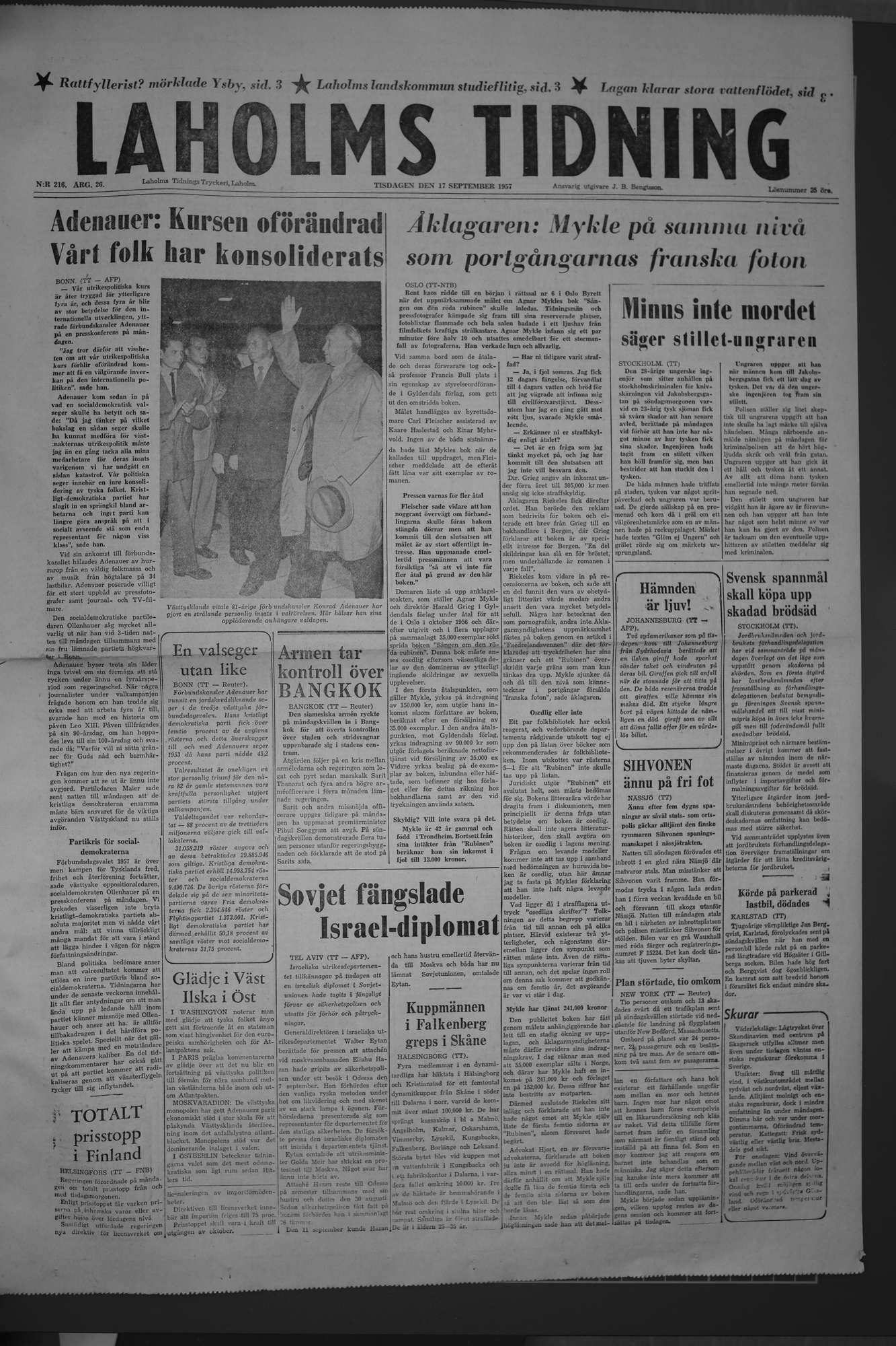 Laholms Tidning Tisdag 17 september 1957, sida 1